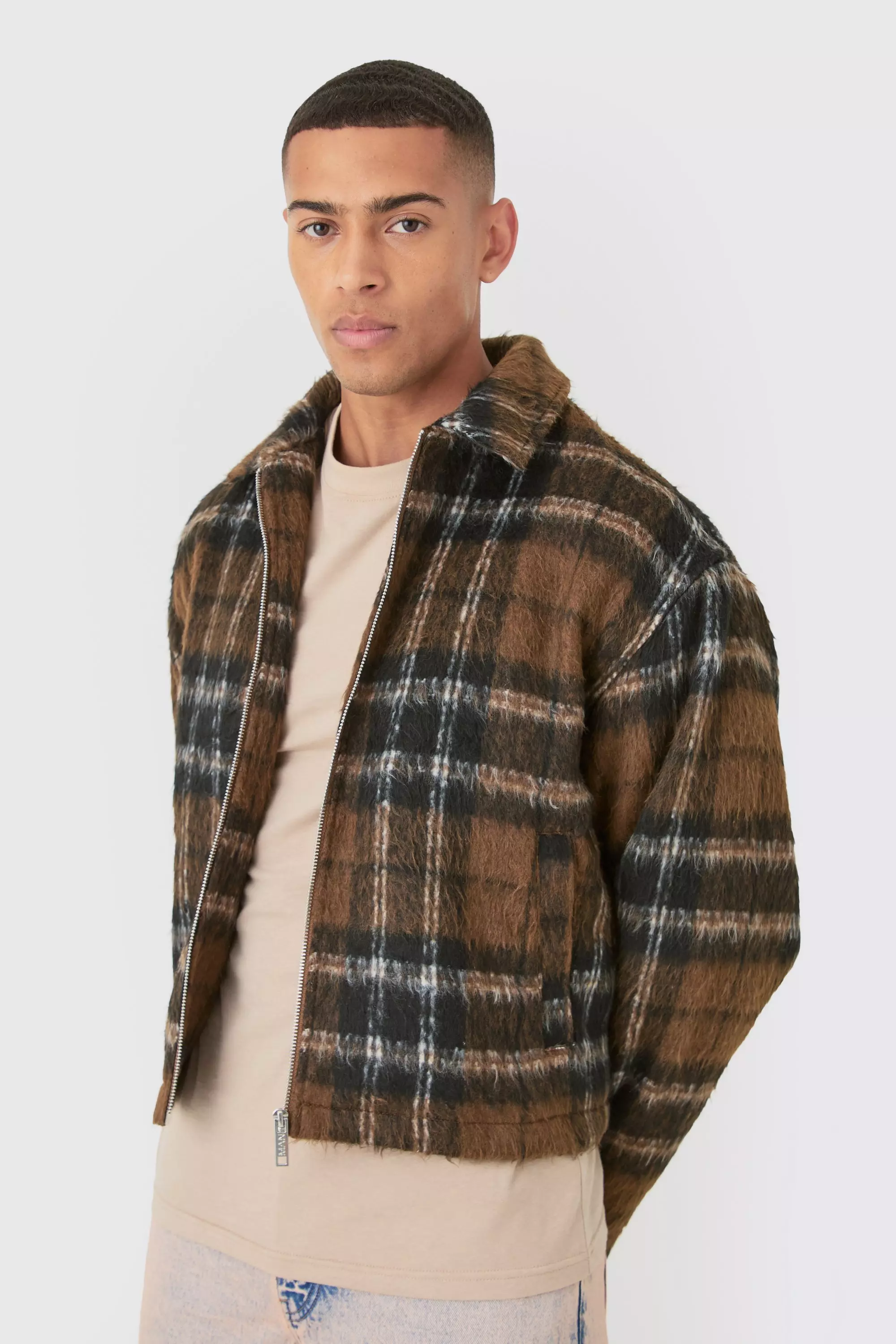 Brushed Plaid Collared Harrington Jacket In Brown boohooMAN USA