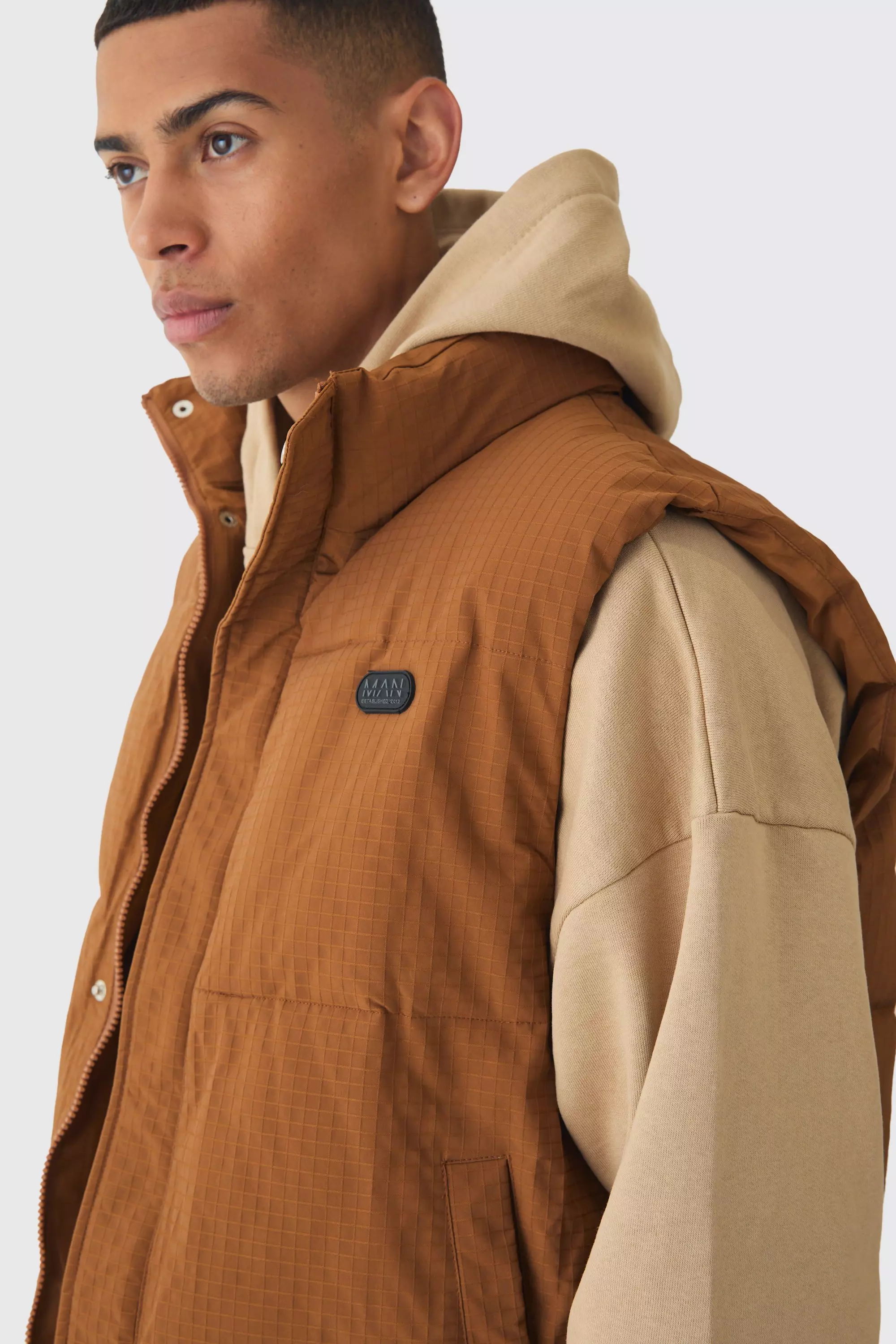 Man Tab Ripstop Funnel Neck Puffer Gilet In Tan alternative image