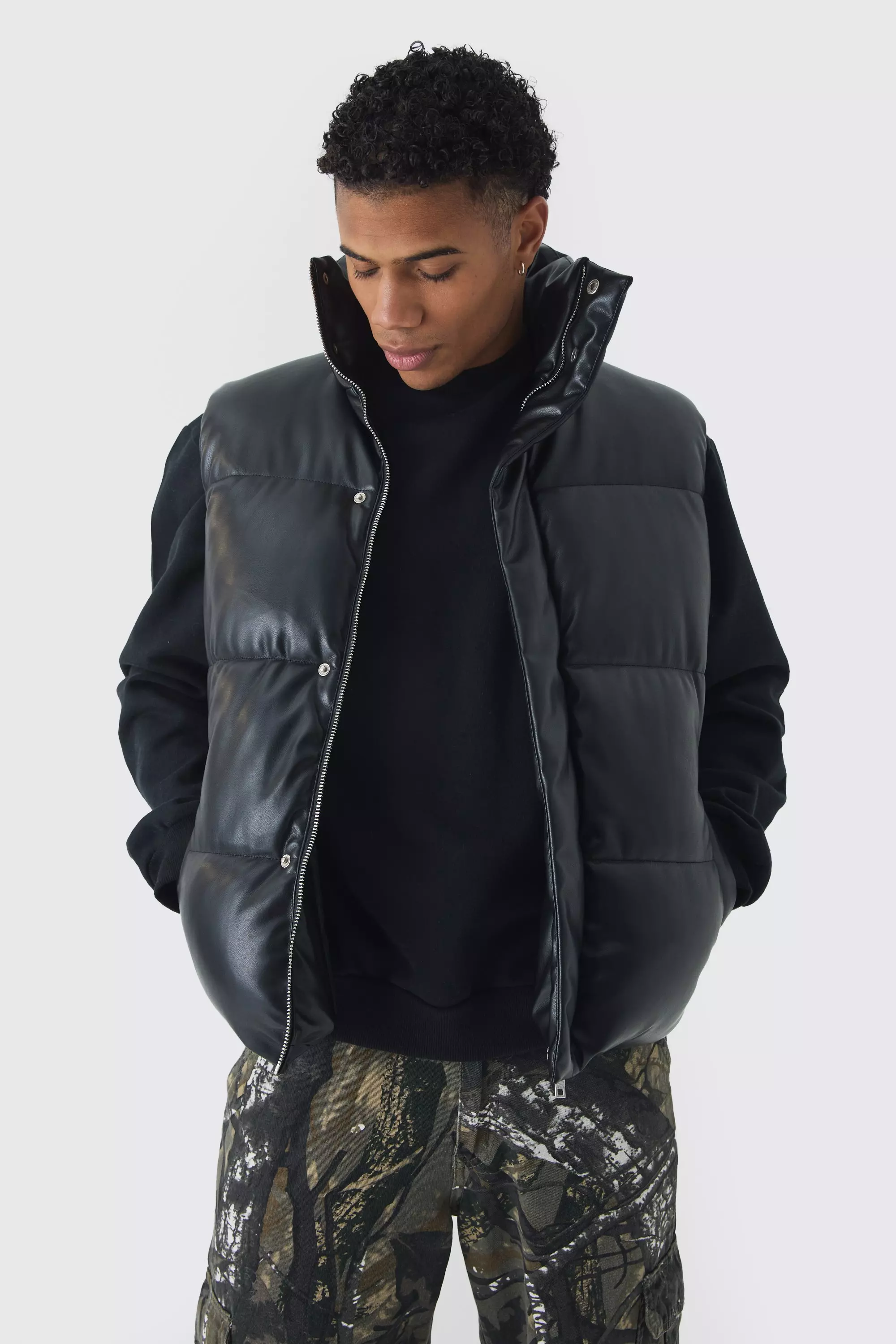 Man Tab Funnel Neck PU Puffer Vest In Black Black