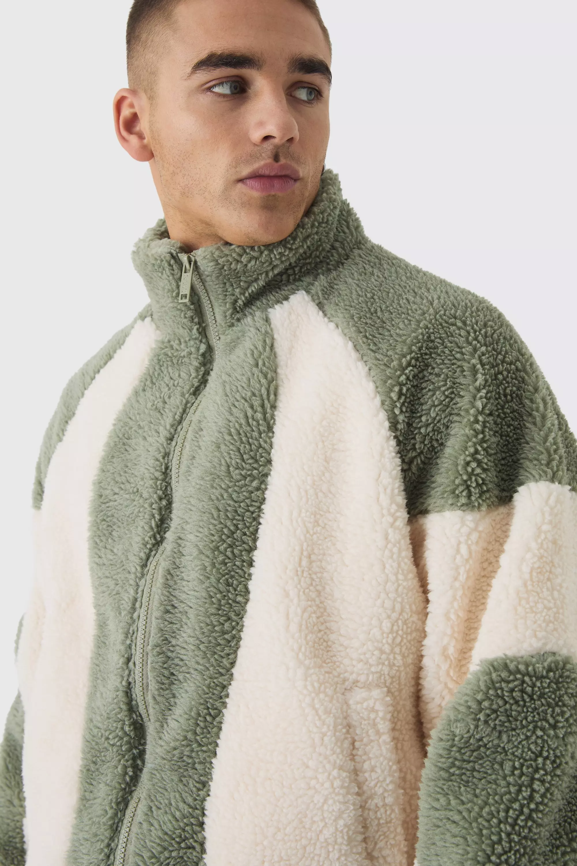 Colour Block Borg Jacket In Sage alternative image