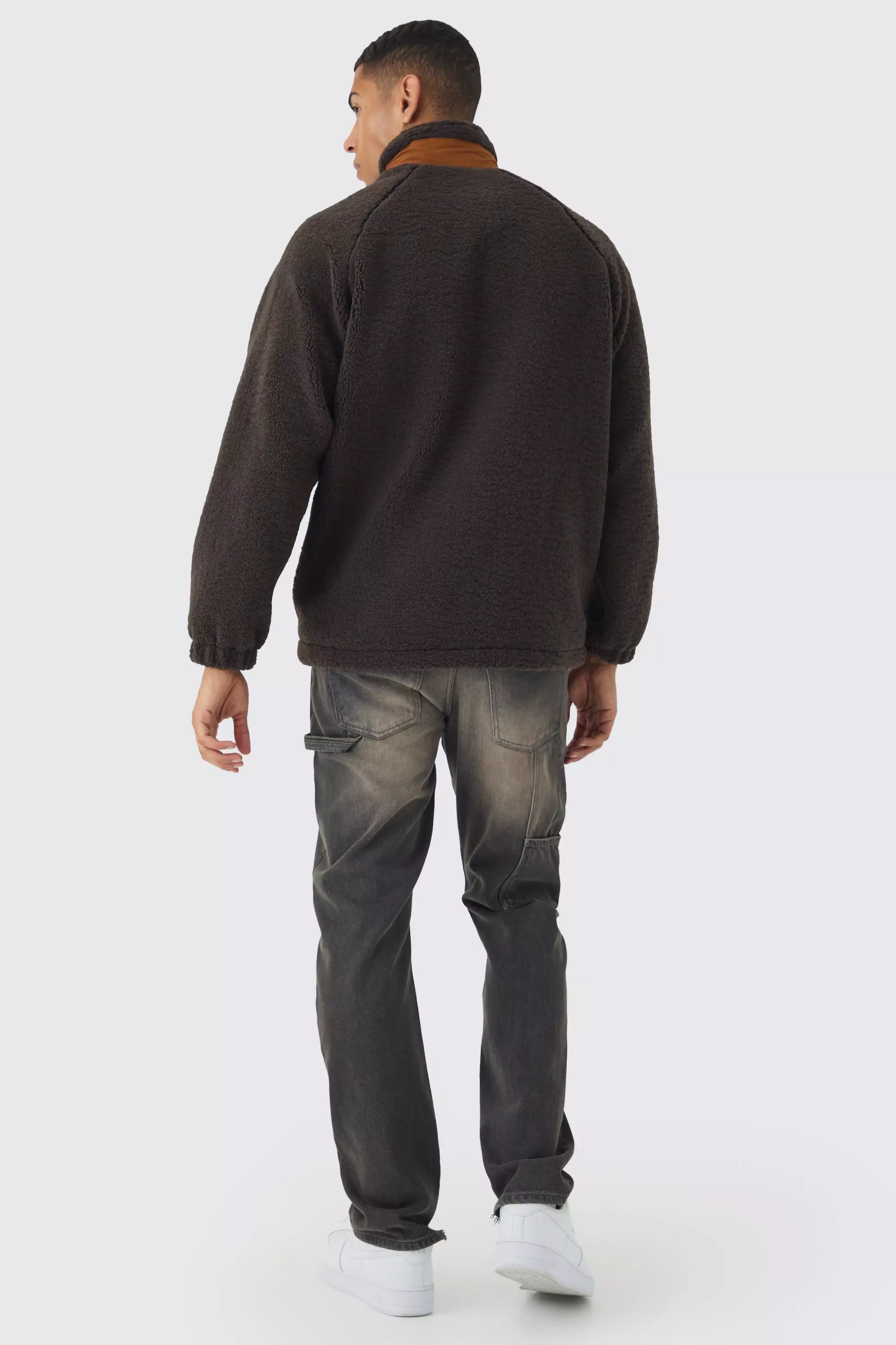 Colour Block Borg And Nylon Jacket In Chocolate boohooMAN IE