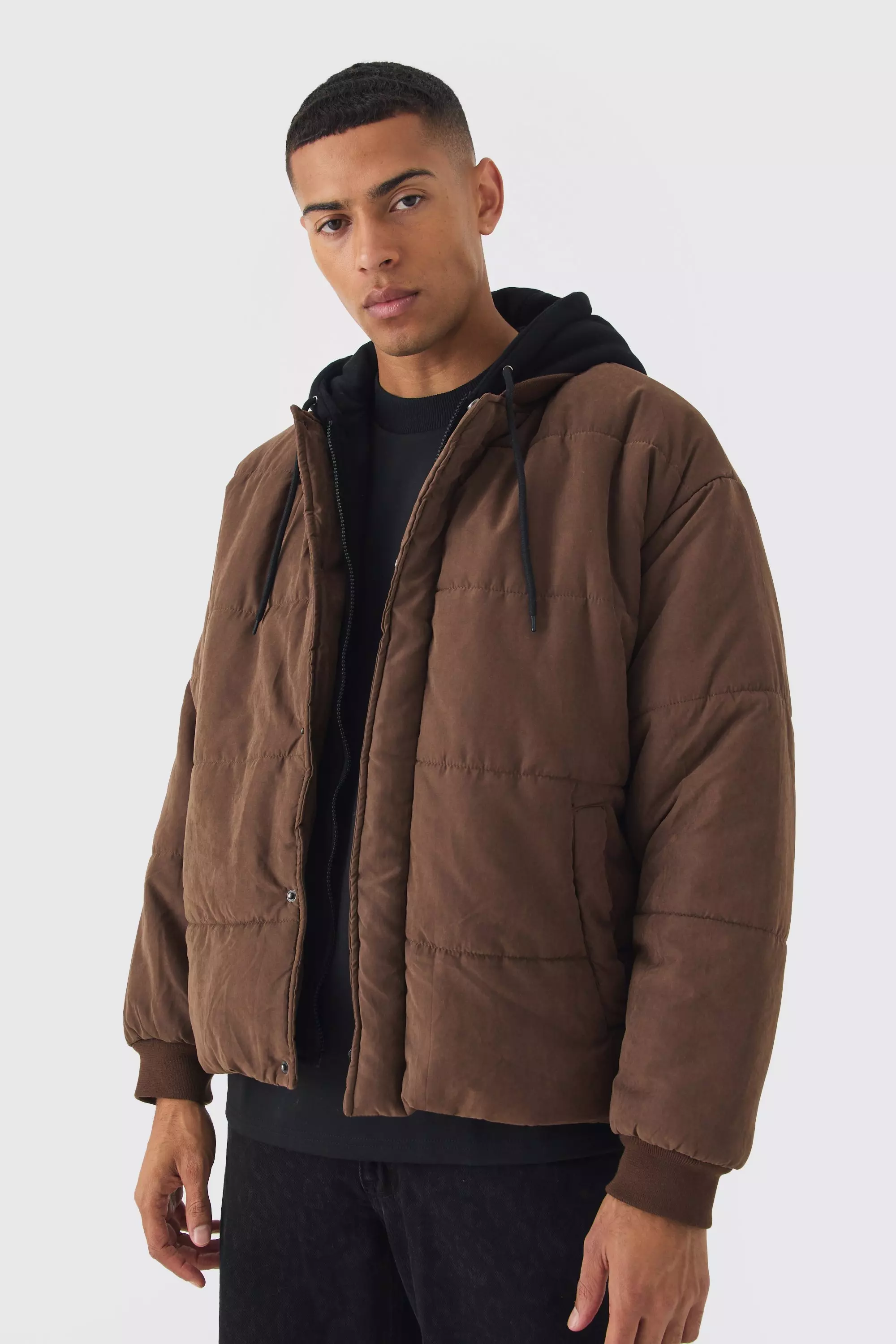 Quilted Hooded Faux Layer Bomber Jacket In Chocolate Chocolate