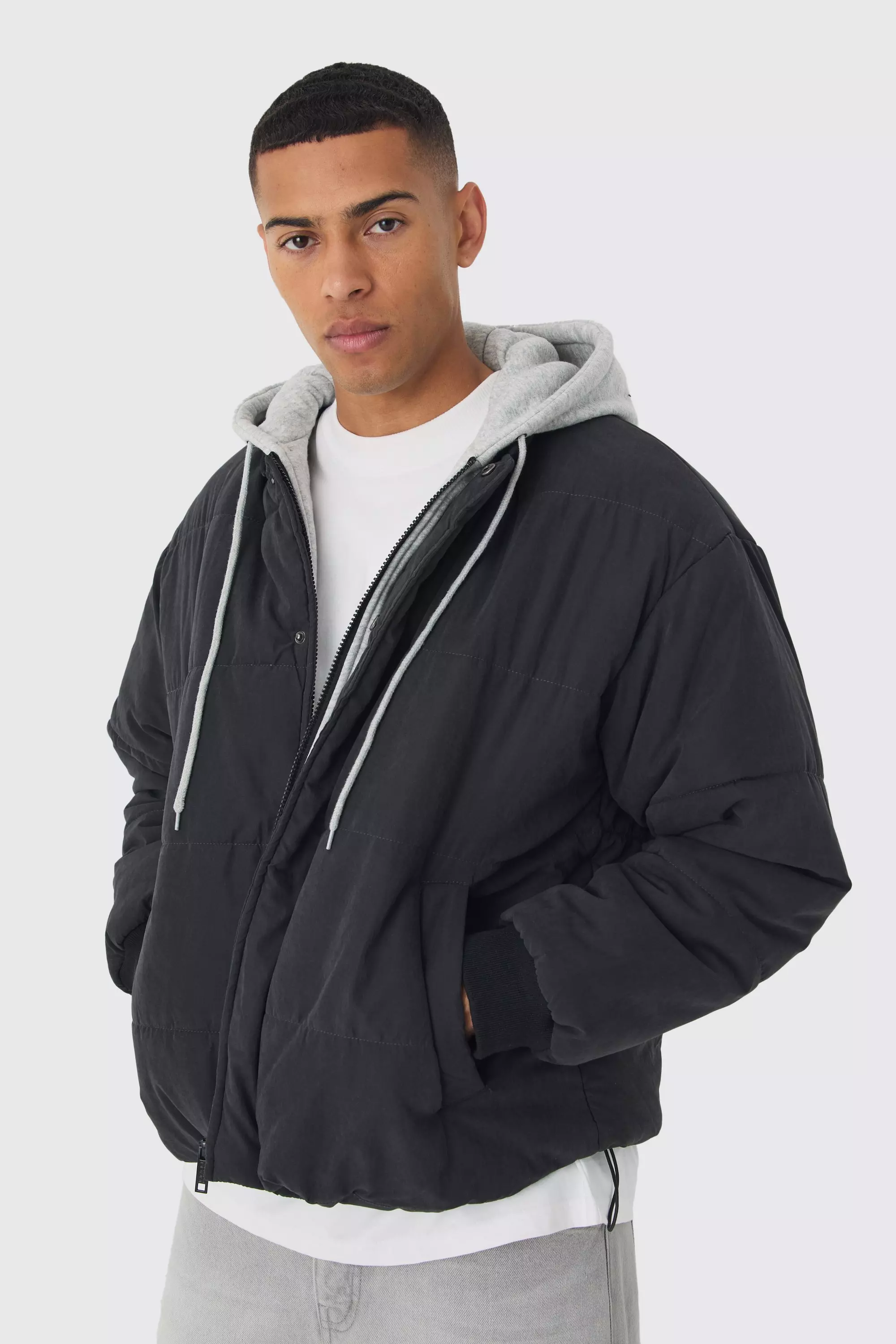 Quilted Hooded Faux Layer Bomber Jacket In Black Black