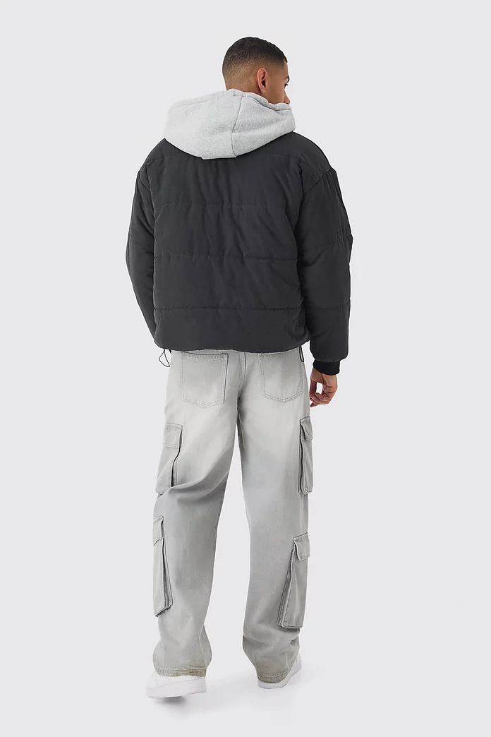 Quilted Hooded Faux Layer Bomber Jacket In Black | boohooMAN USA Quilted Hooded Faux Layer Bomber Jacket In Black | boohooMAN USA