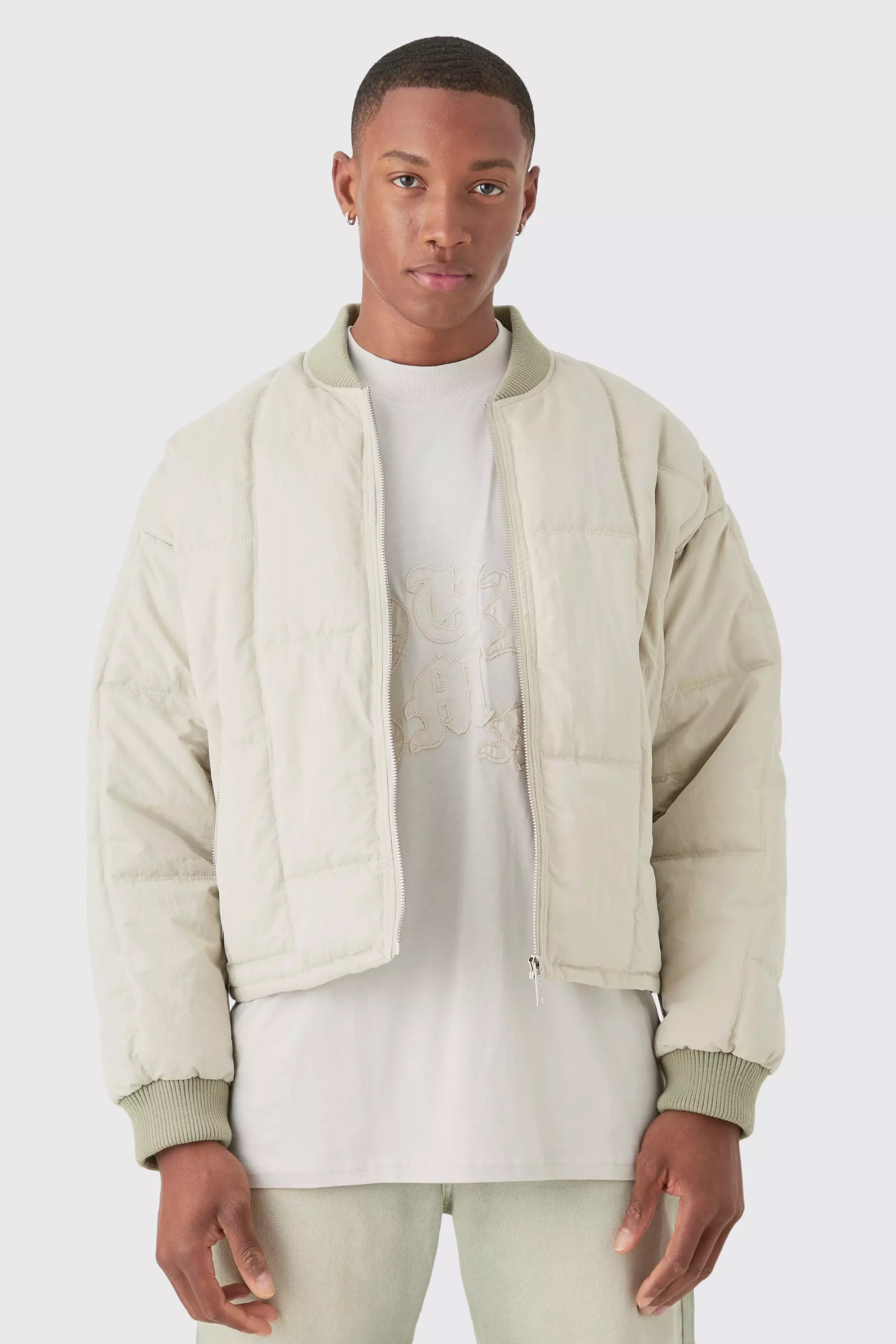 Boxy Quilted Bomber Jacket In Stone alternative image