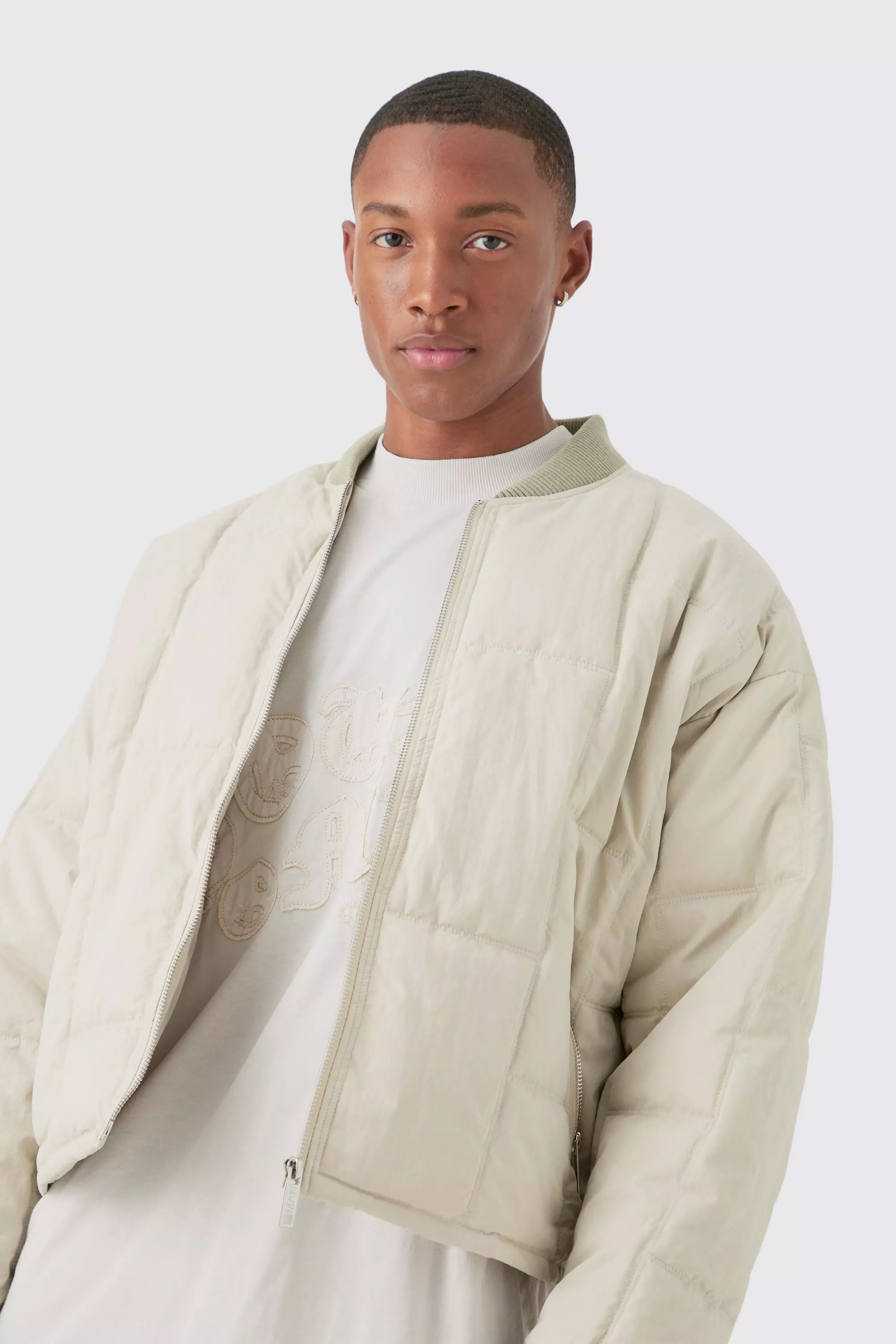 Boxy Quilted Bomber Jacket In Stone alternative image
