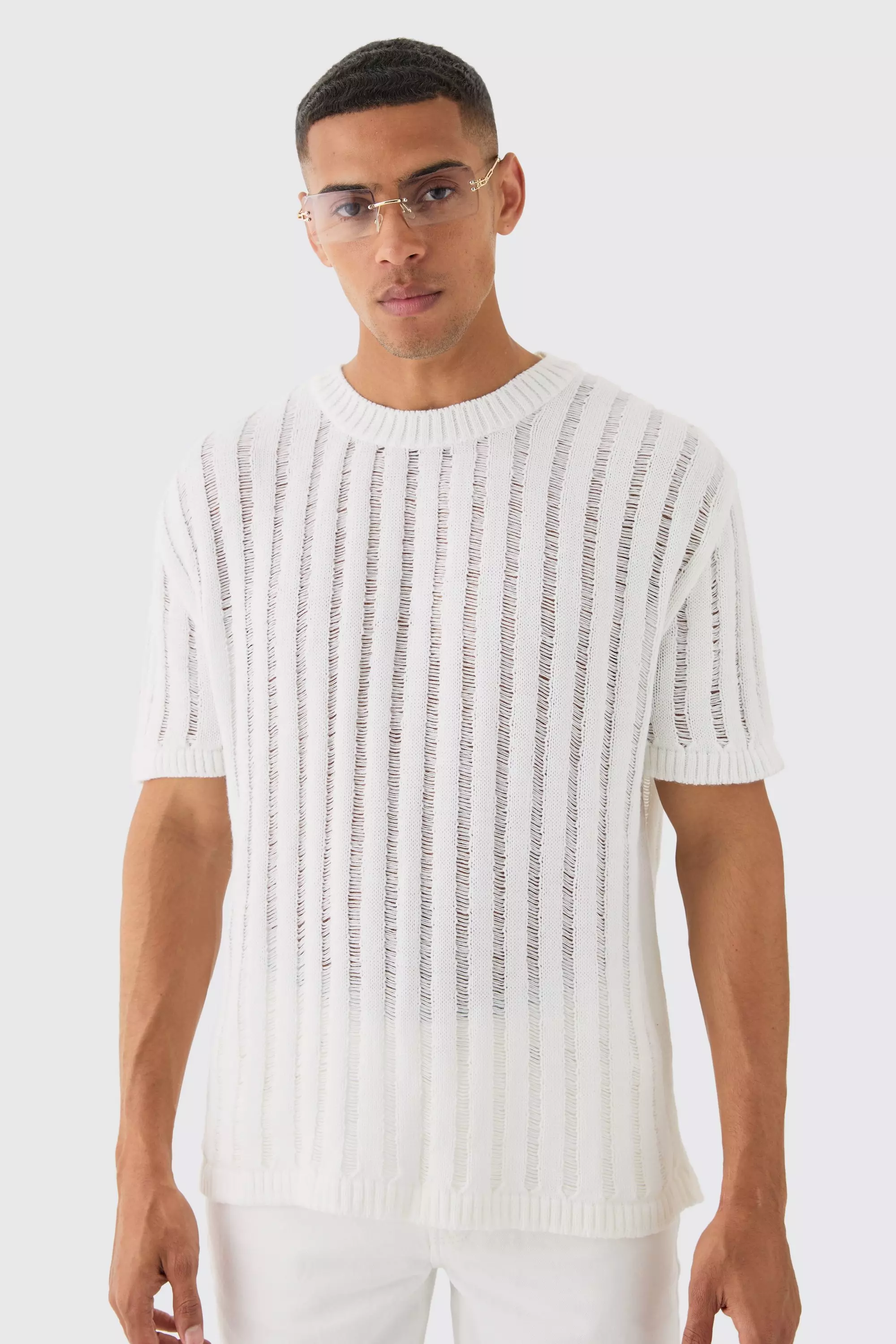 Oversized Open Ladder Stitch Knitted T-shirt In White White