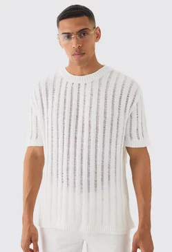 Oversized Open Ladder Stitch Knitted T-shirt In White White