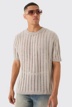 Oversized Open Ladder Stitch Knitted T-shirt In Stone Stone