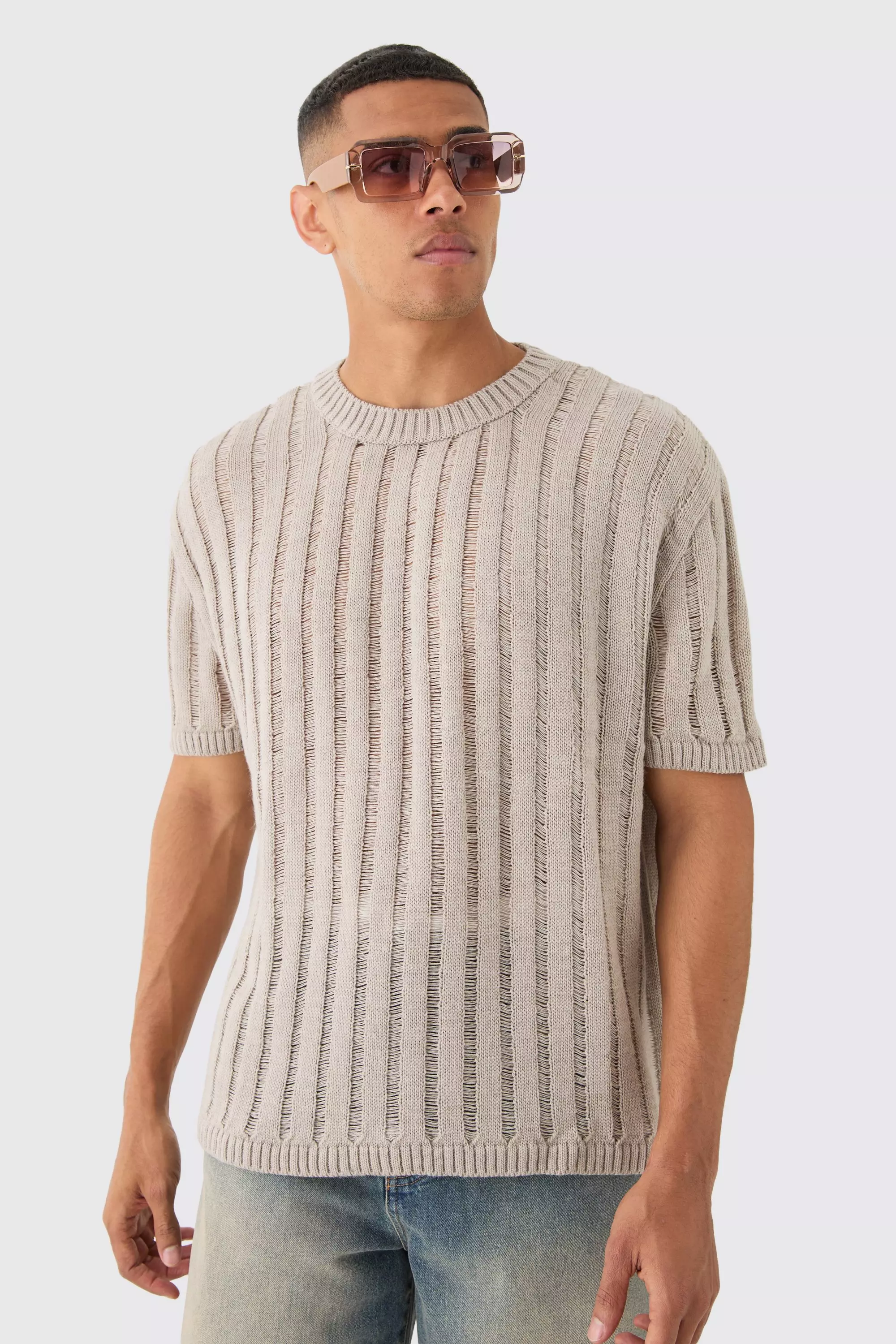 Beige Oversized Open Ladder Stitch Knitted T-shirt In Stone