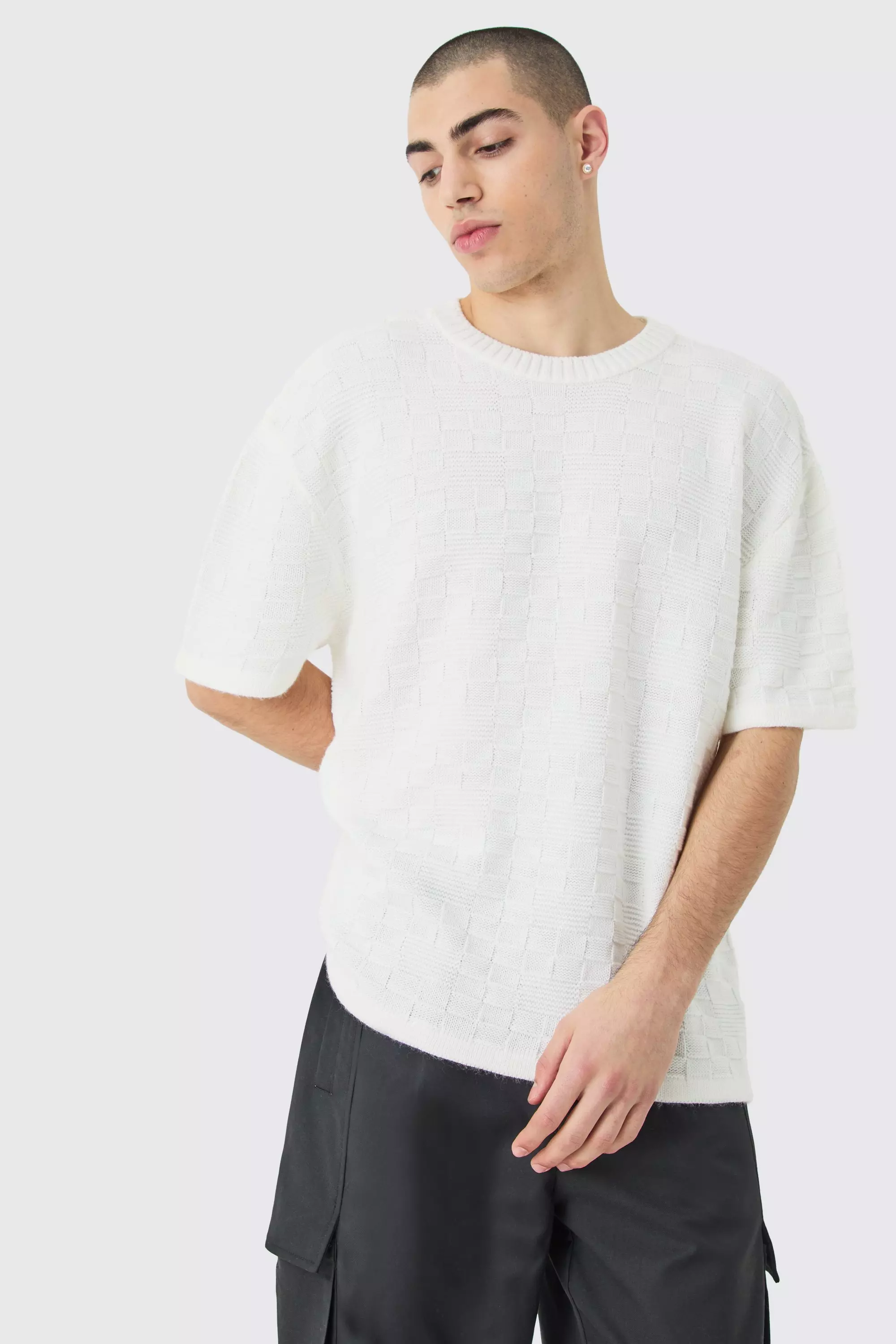 White Oversized Textured Knit T-shirt In White