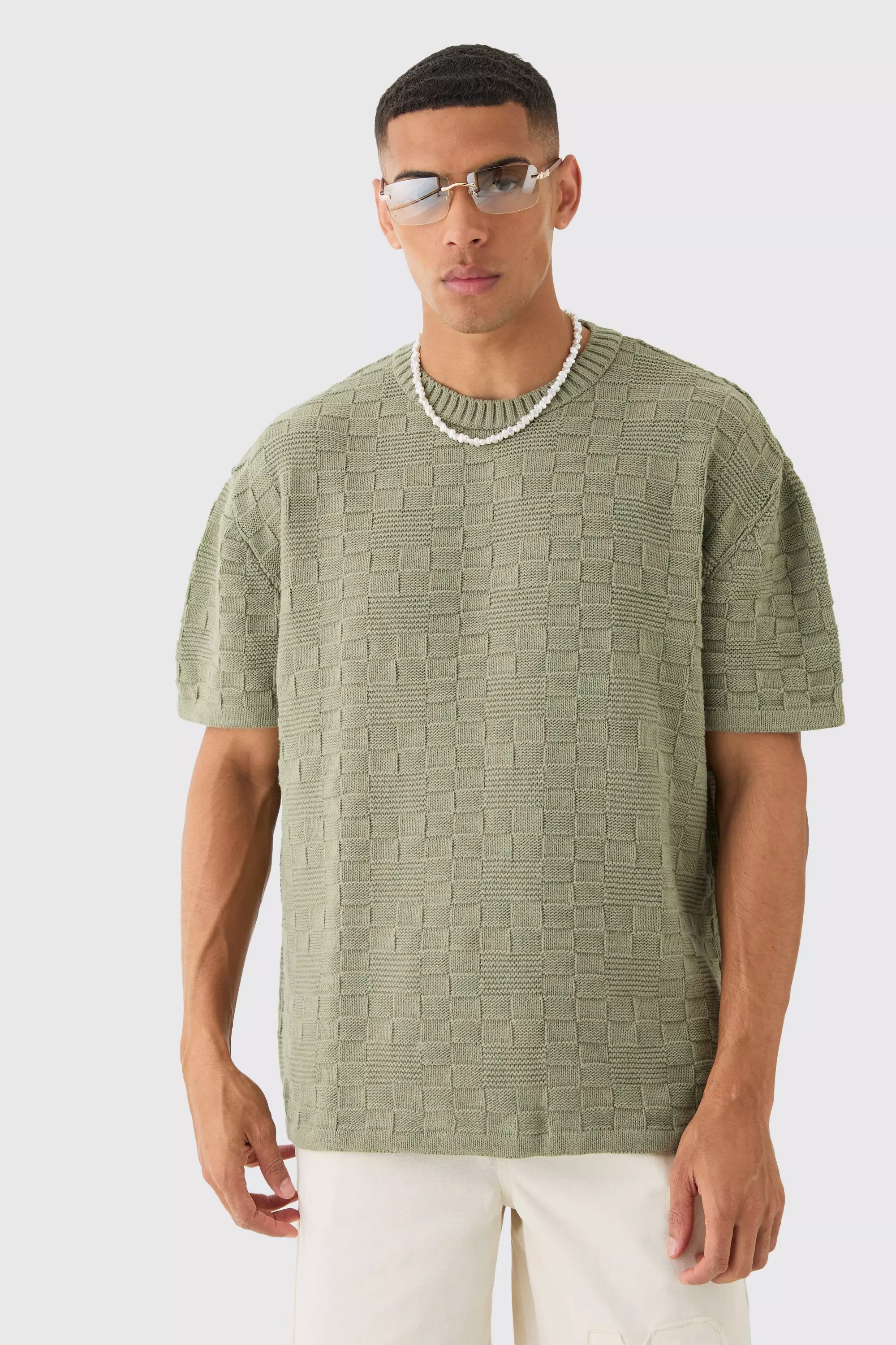 Oversized Textured Knit T-shirt In Khaki | boohooMAN USA