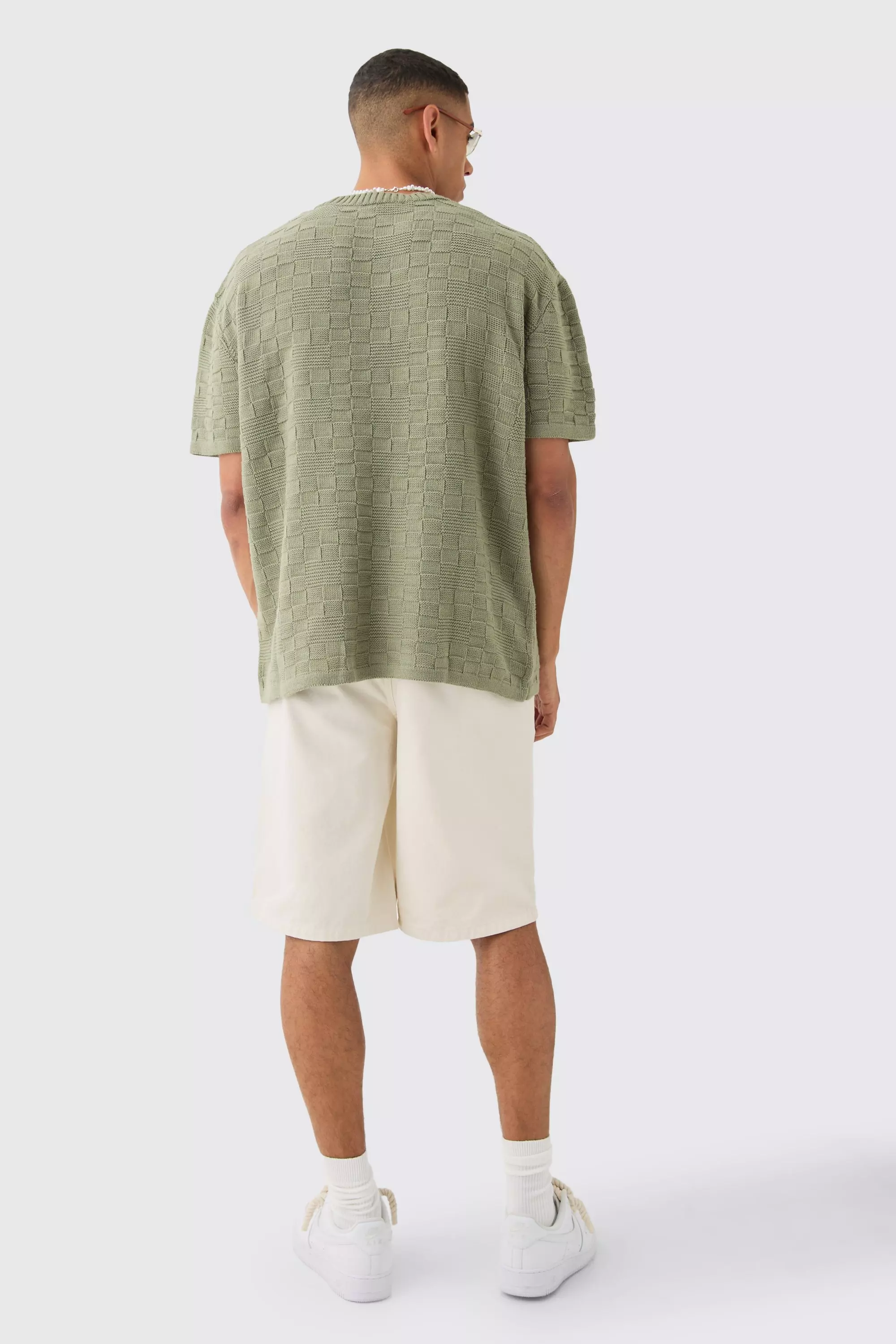 Oversized Textured Knit T-shirt In Khaki | boohooMAN USA