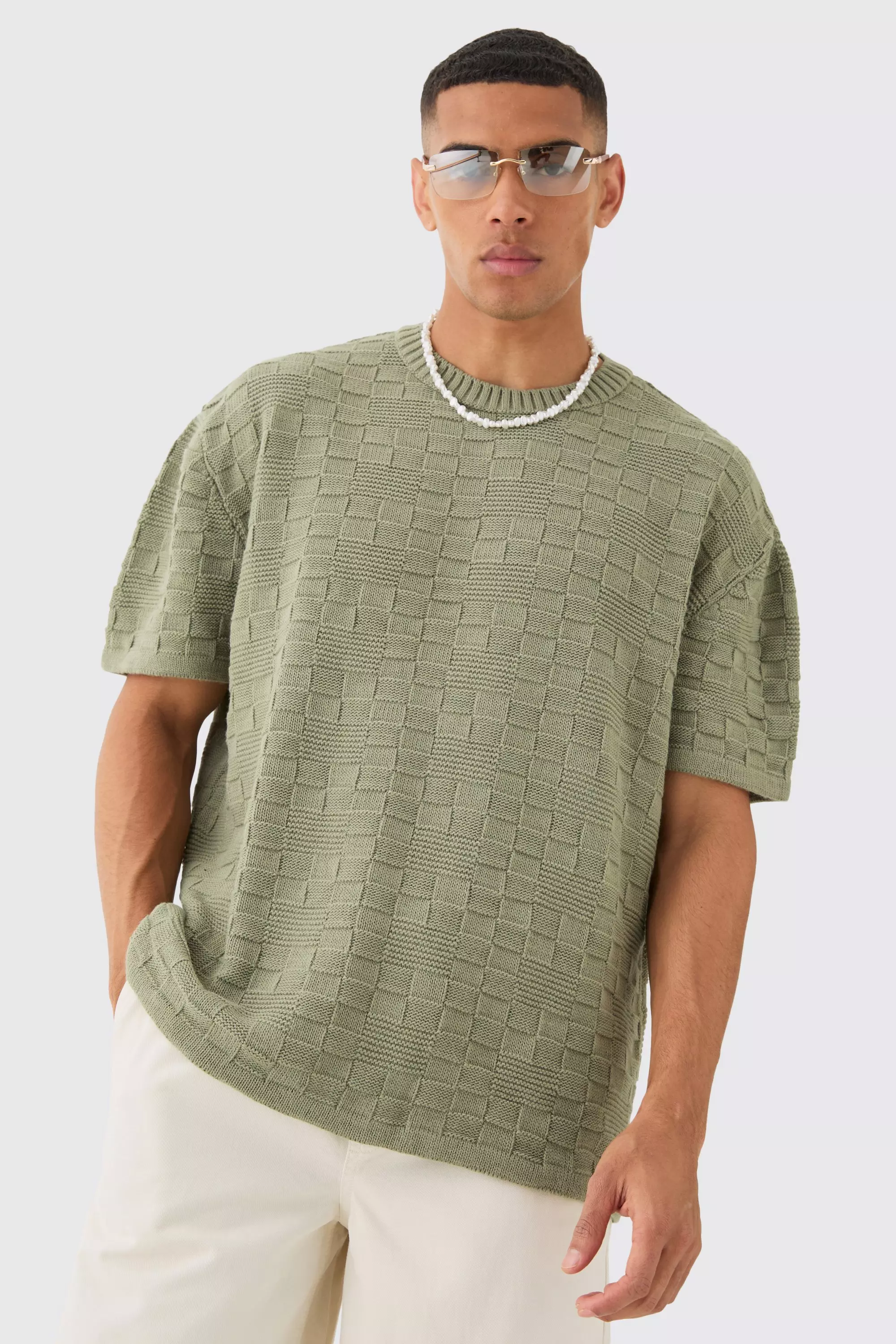 Oversized Textured Knit T-shirt In Khaki | boohooMAN USA
