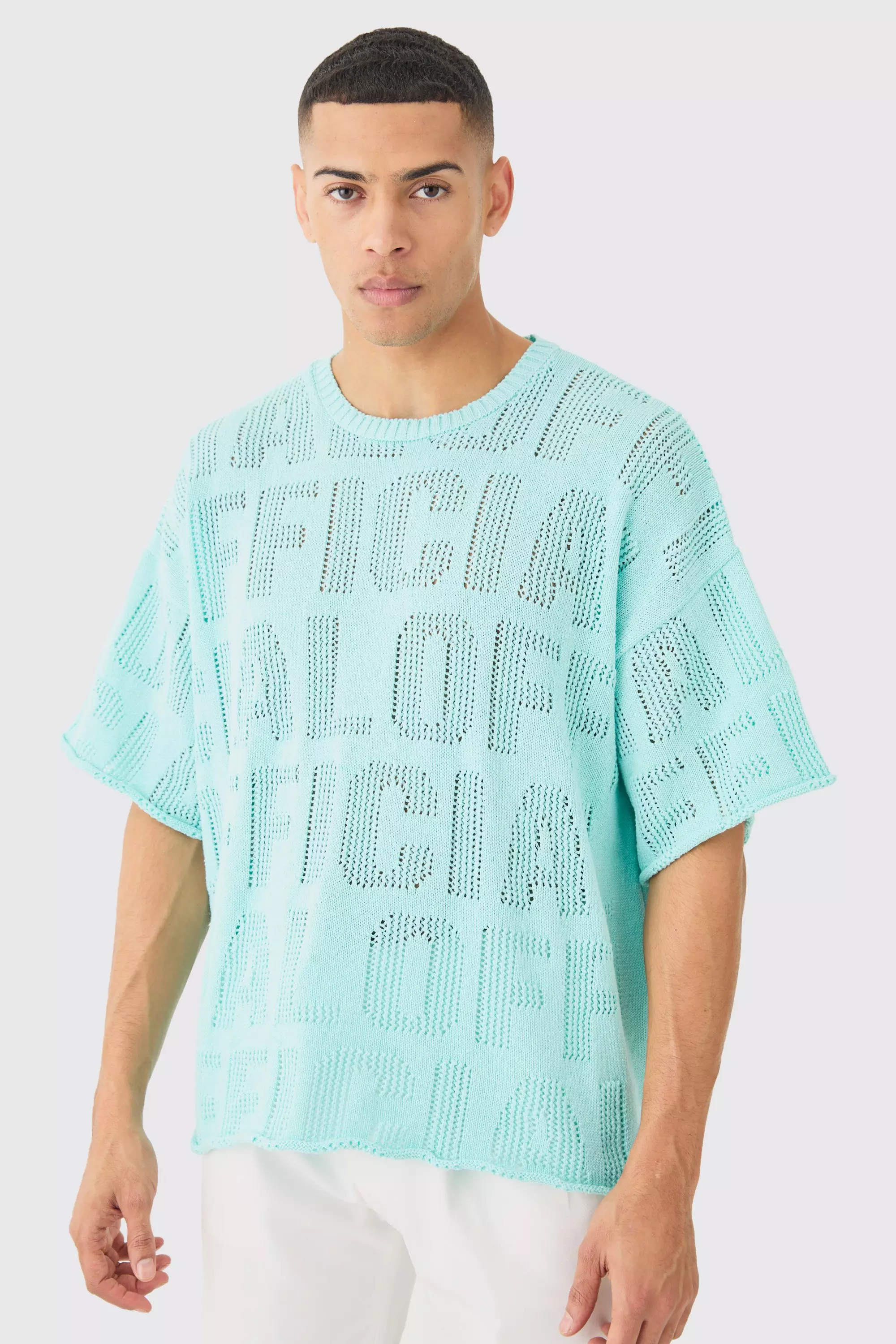 Blue Oversized Branded Open Stitch T-shirt In Light Blue