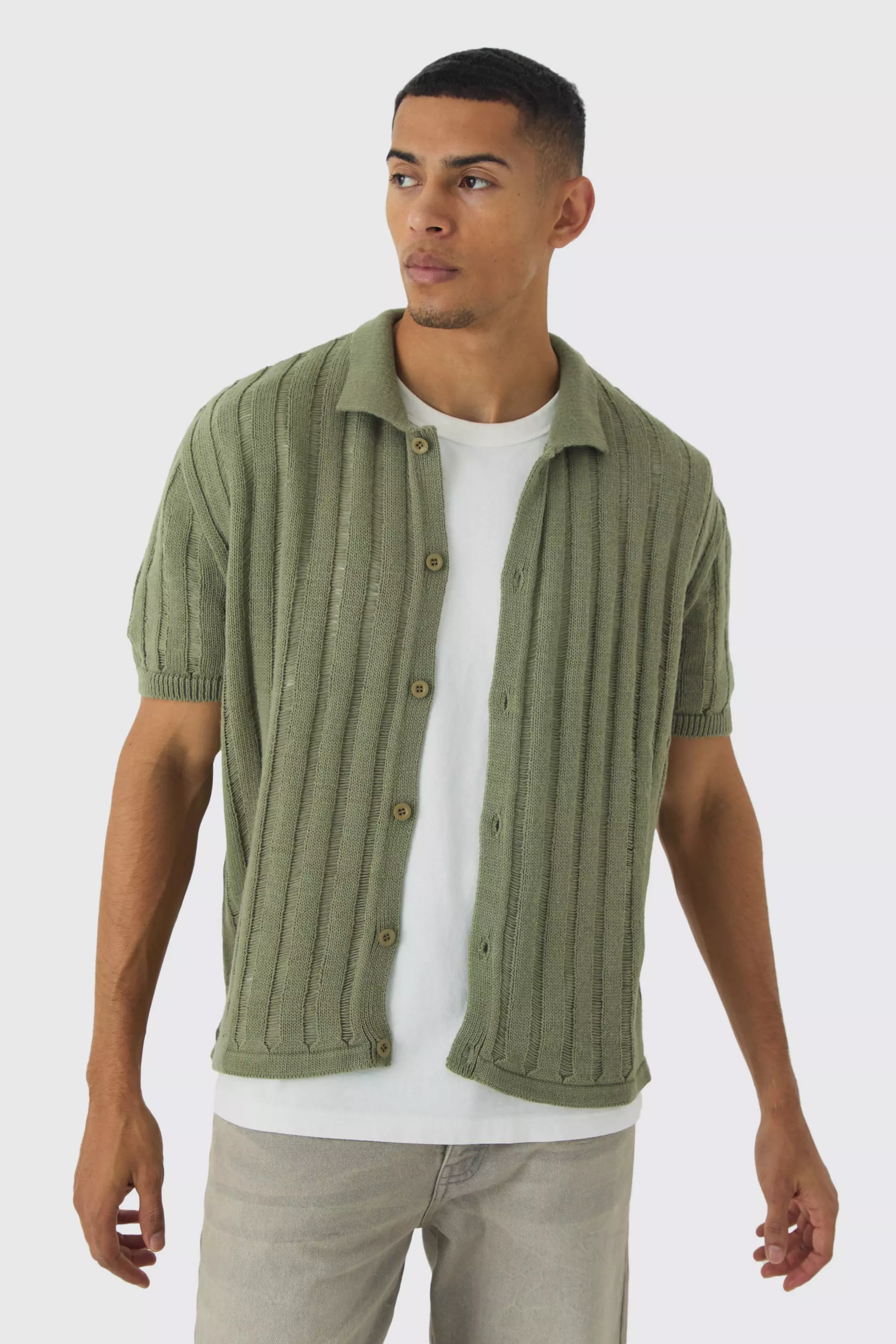 Oversized Boxy Open Ladder Stitch Knitted Shirt In Khaki Khaki