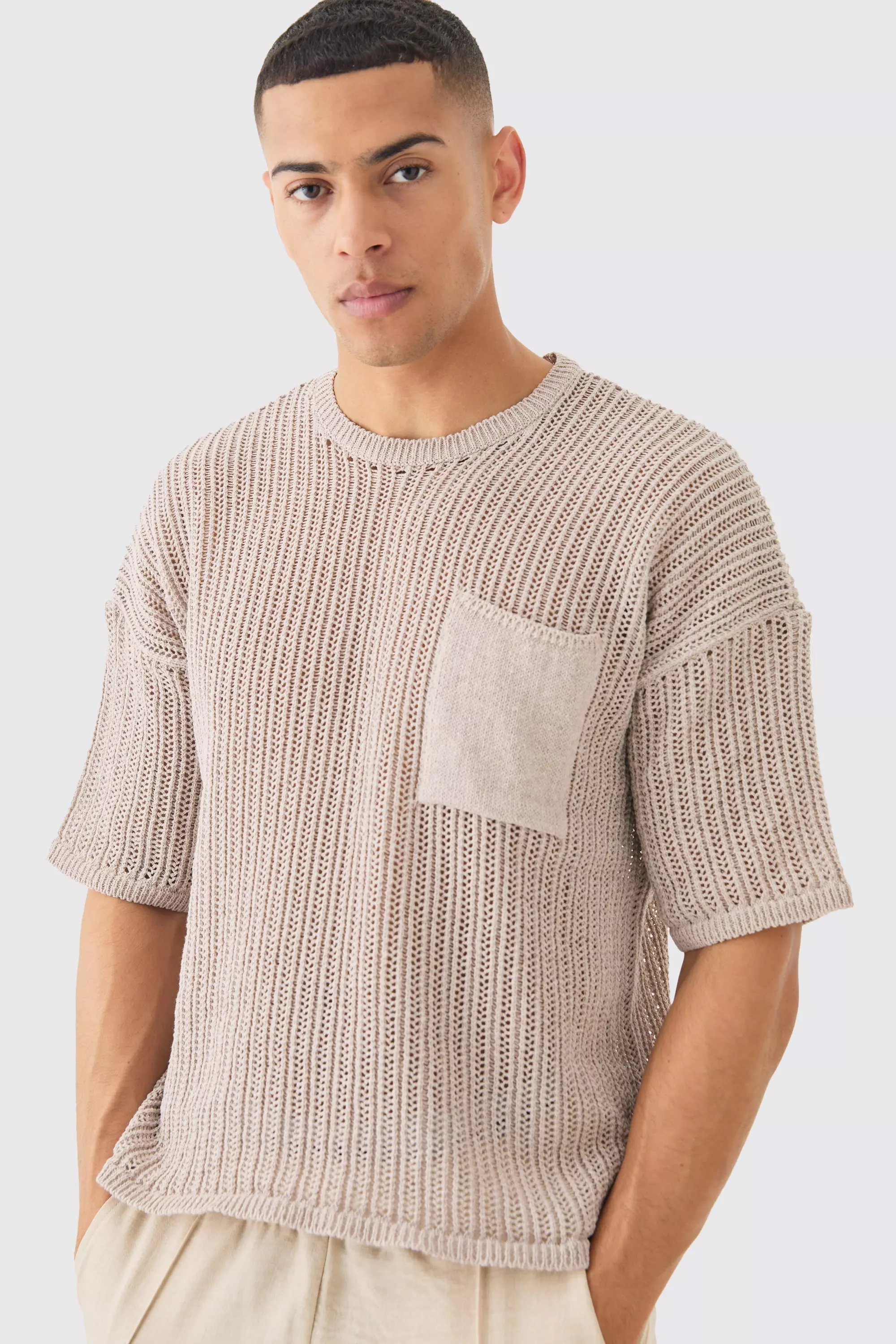 Beige Oversized Open Stitch T-shirt With Pocket In Stone