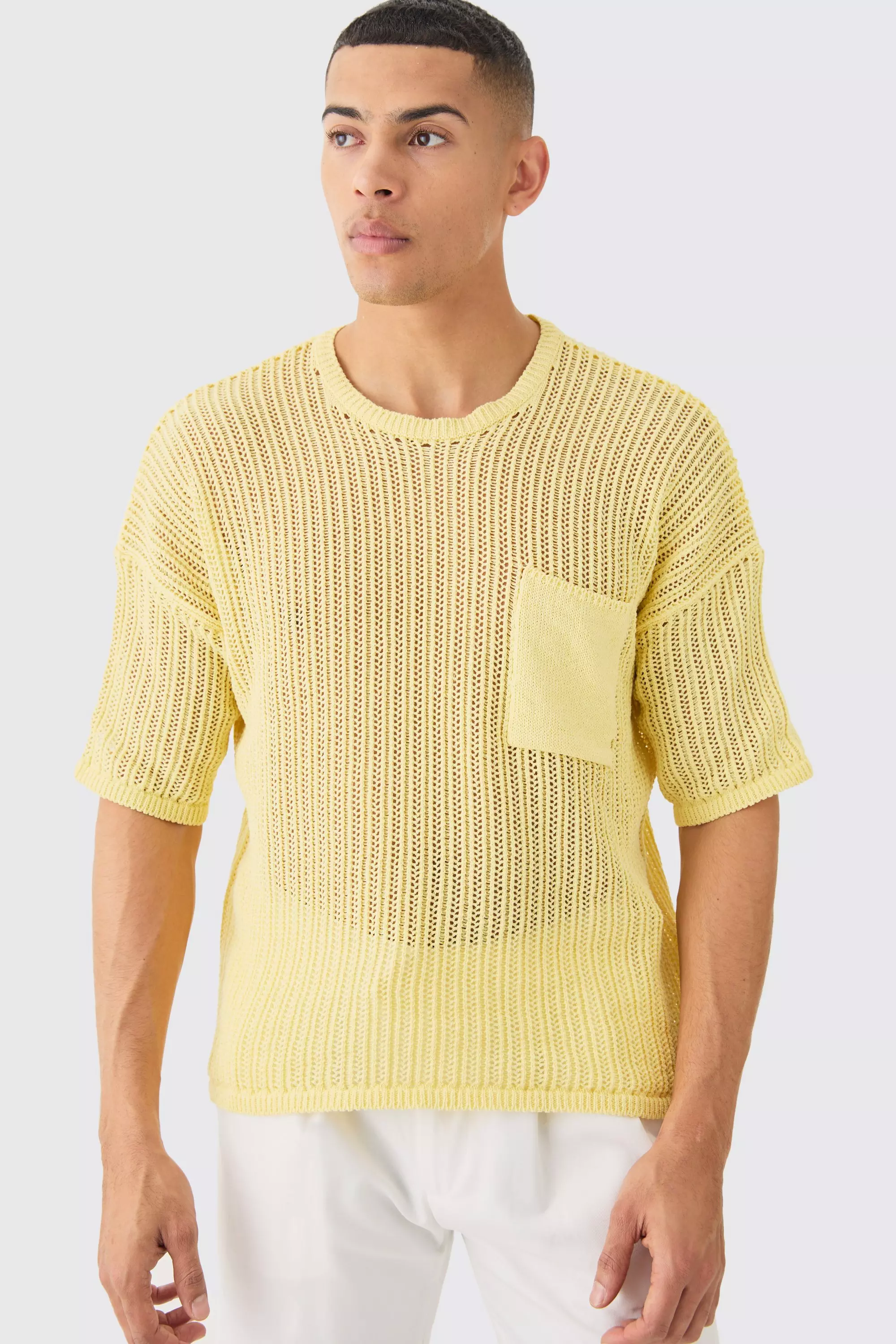 Yellow Oversized Open Stitch T-shirt With Pocket In Yellow