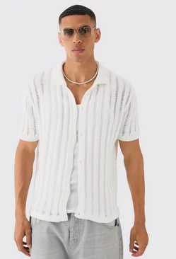 White Oversized Boxy Open Ladder Stitch Knitted Shirt In White