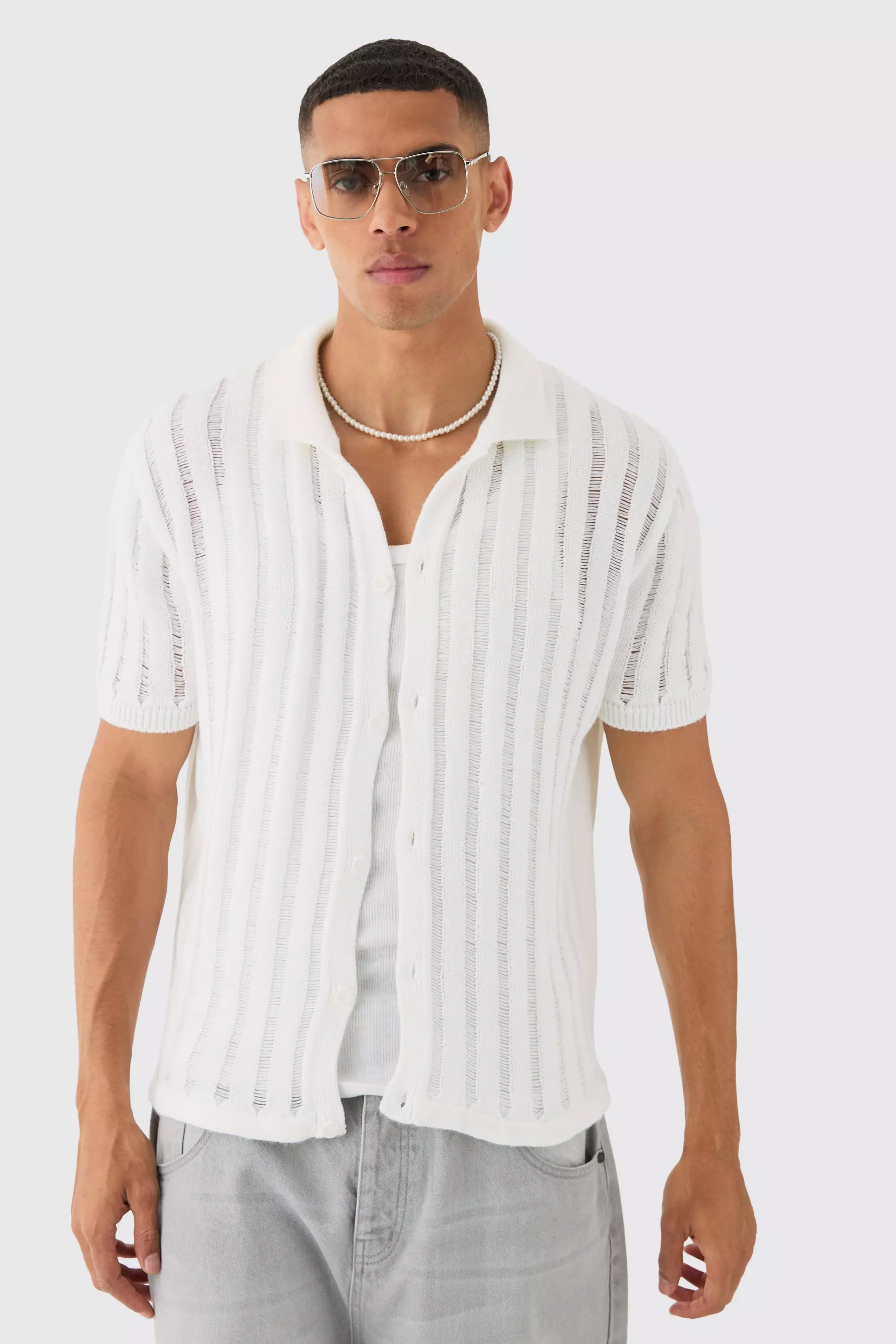 Oversized Boxy Open Ladder Stitch Knitted Shirt In White White