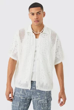 White Oversized Boxy Open Stitch Detail Knitted Shirt In White