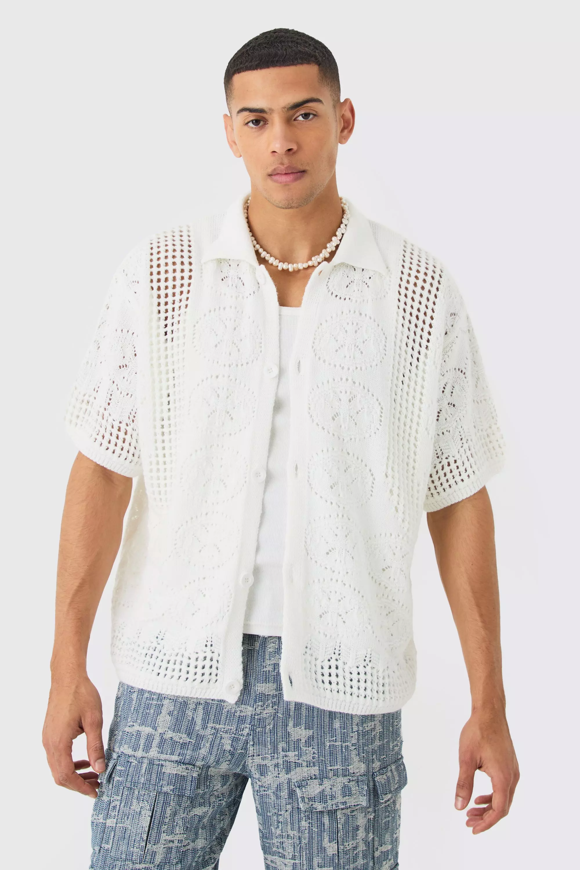 White Oversized Boxy Open Stitch Detail Knitted Shirt In White