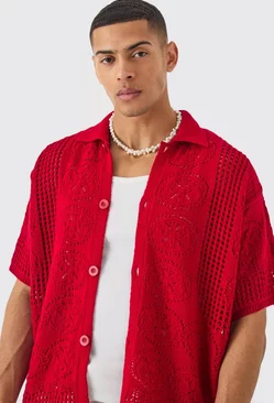 Red Oversized Boxy Open Stitch Detail Knitted Shirt In Red