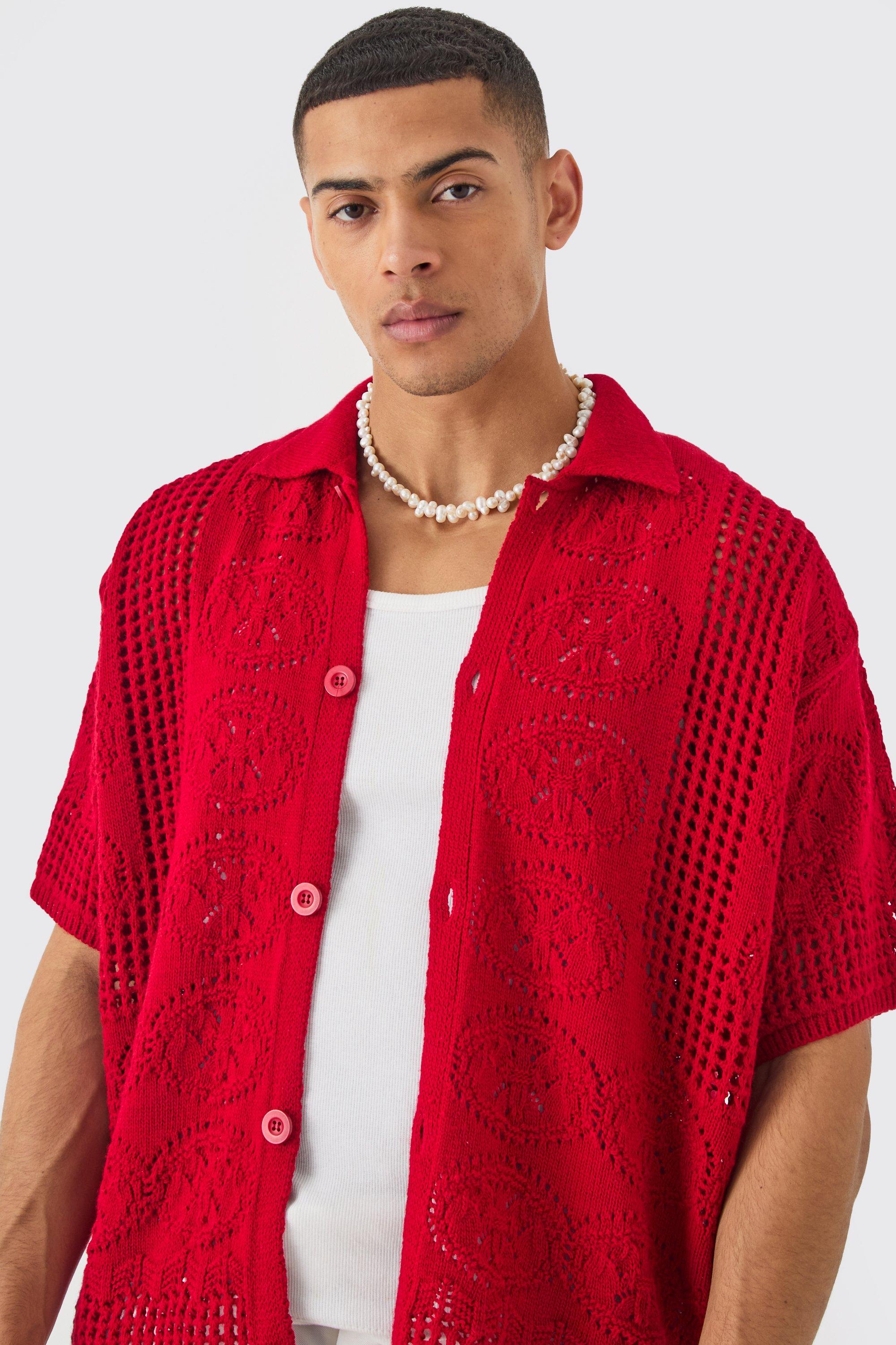 Oversized Boxy Open Stitch Detail Knitted Shirt In Red | boohooMAN UK