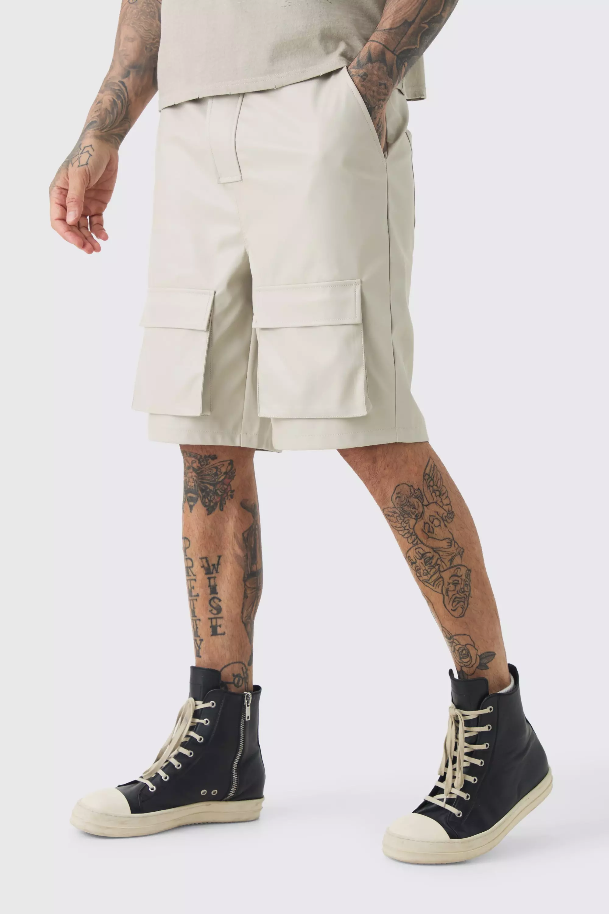 Tall Fixed Waist PU Cargo Short Stone