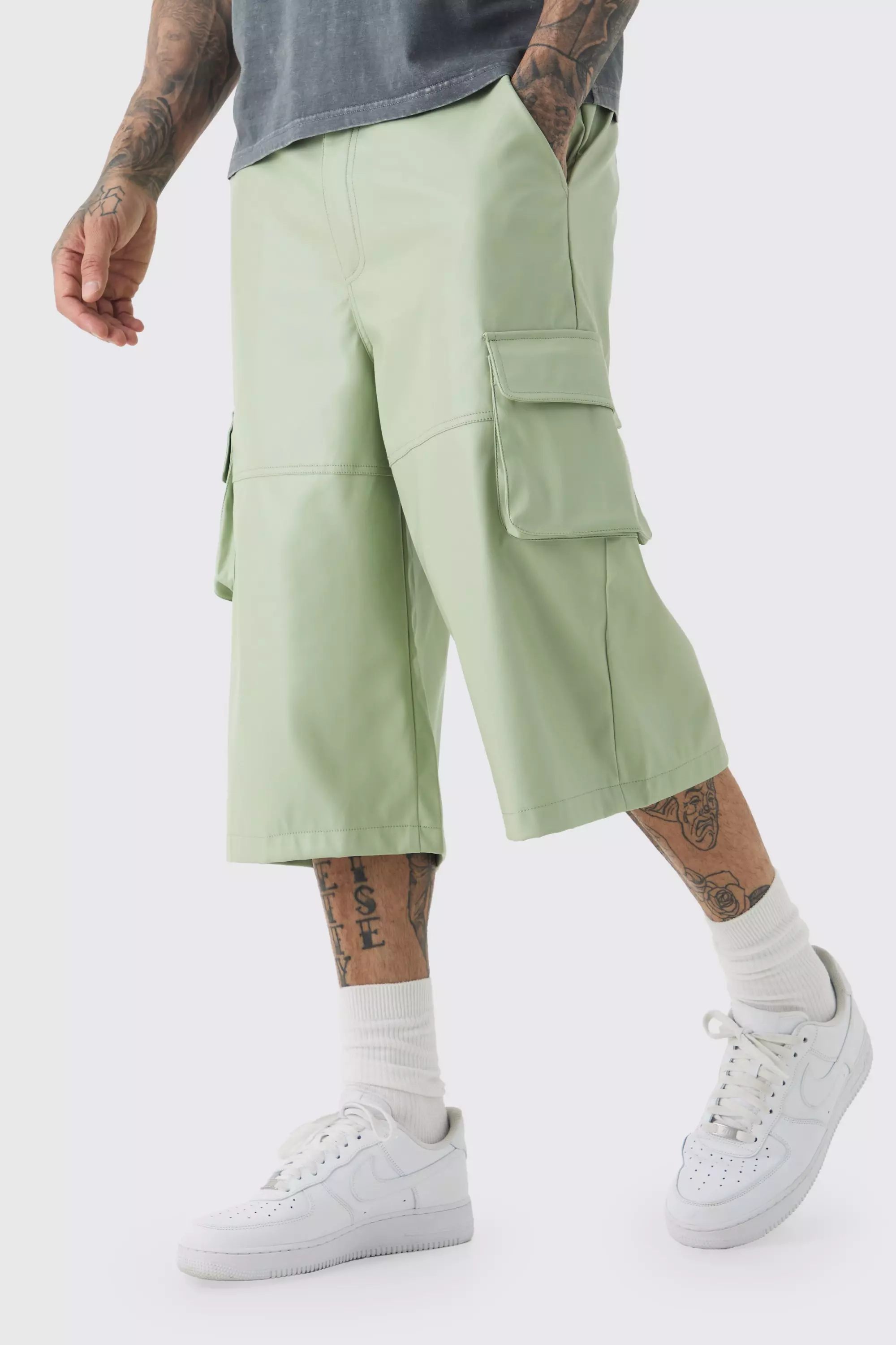 Sage Tall Fixed Waist PU Panels Cargo Longline Shorts alternative image
