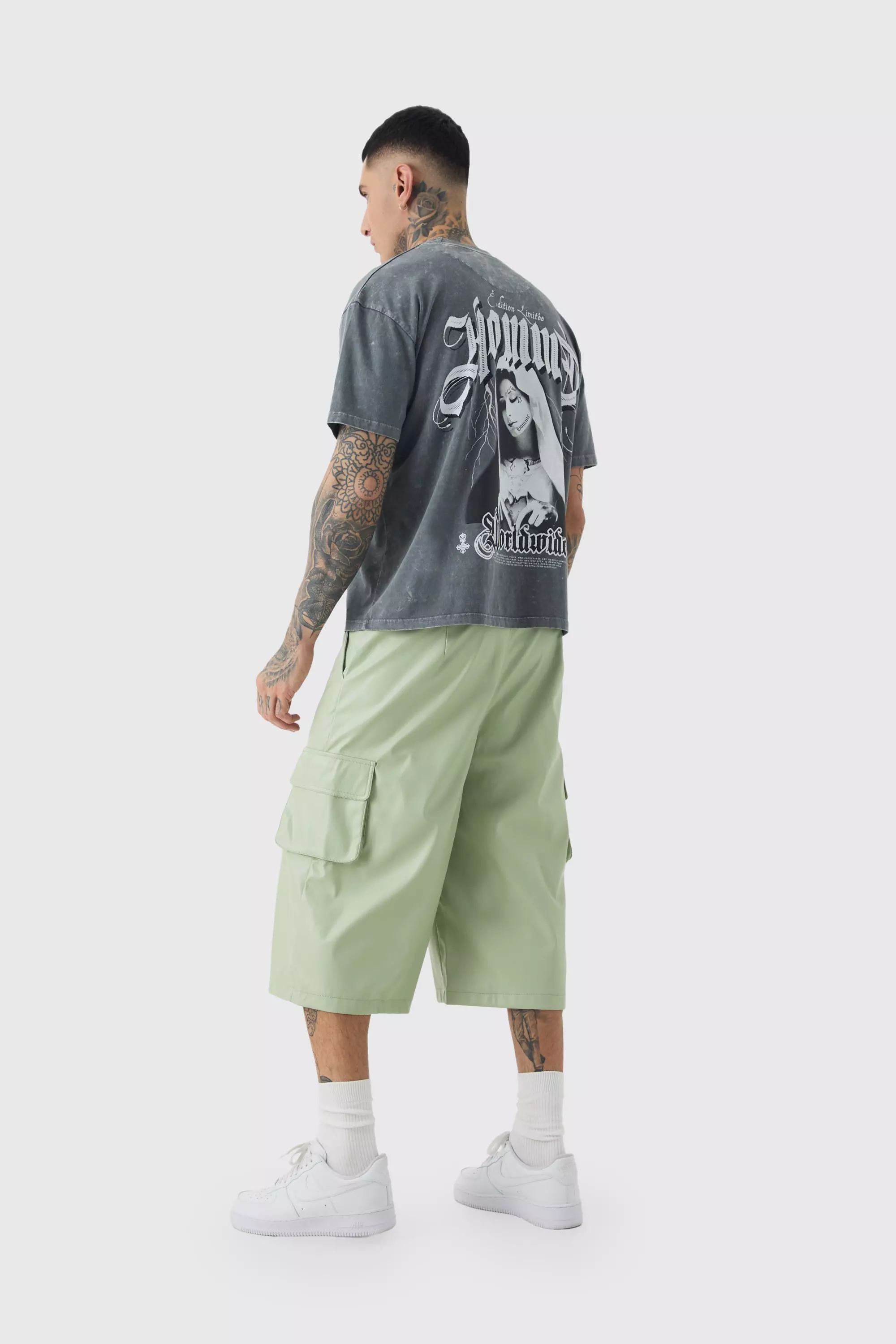 Sage Tall Fixed Waist PU Panels Cargo Longline Shorts alternative image