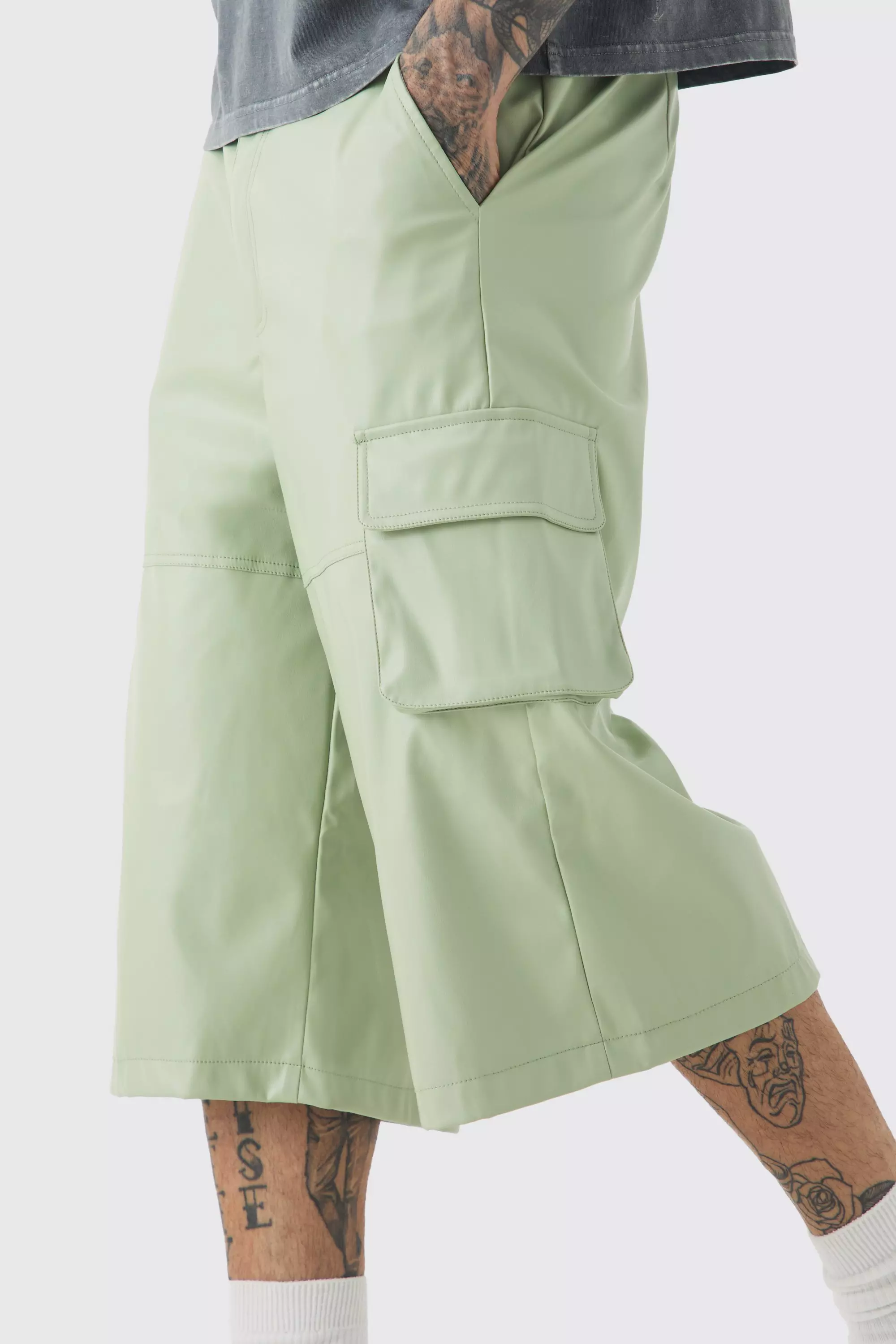Sage Tall Fixed Waist PU Panels Cargo Longline Shorts alternative image
