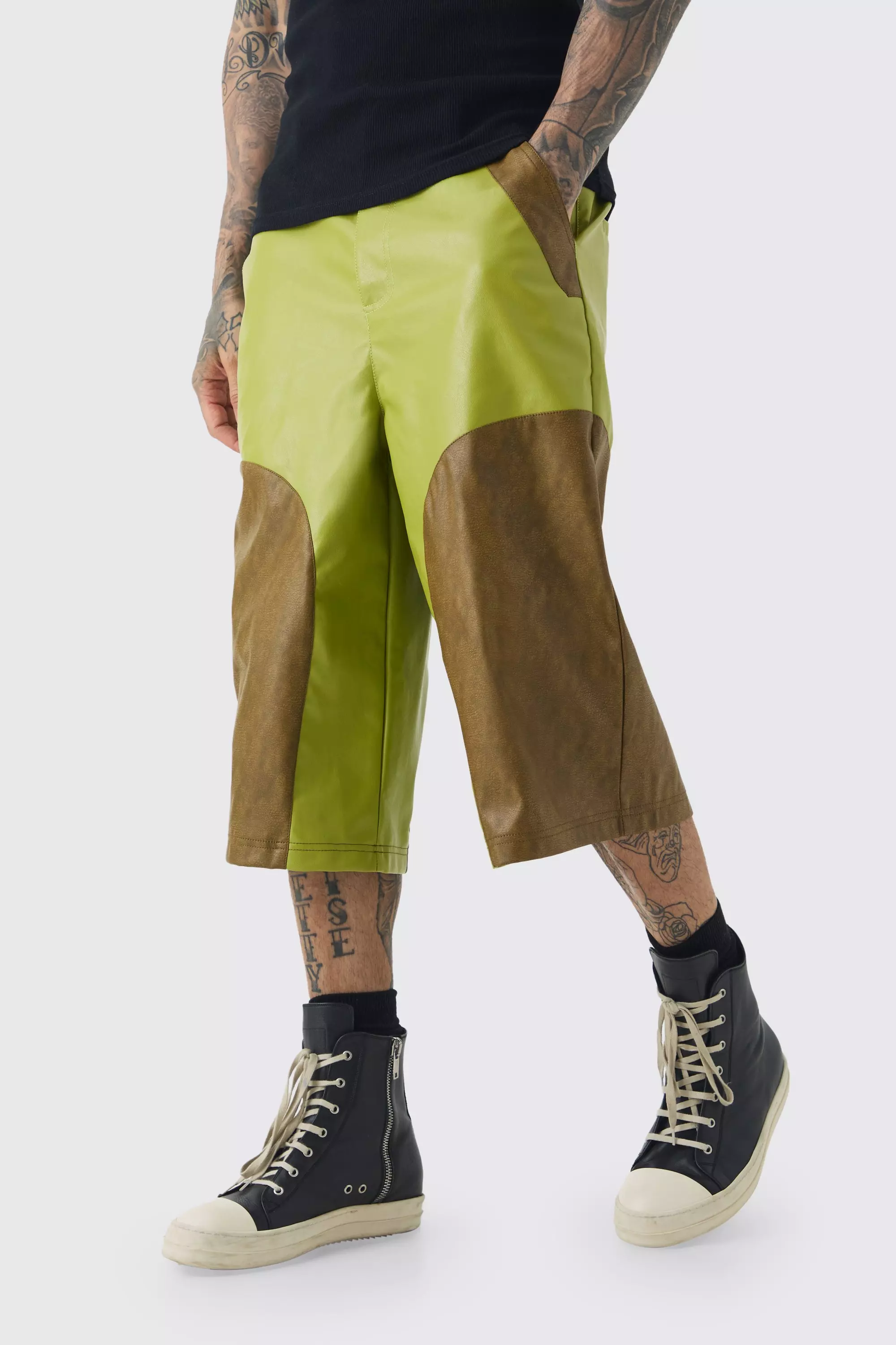 Tall PU Colorblock Jorts, Green alternatives Bild