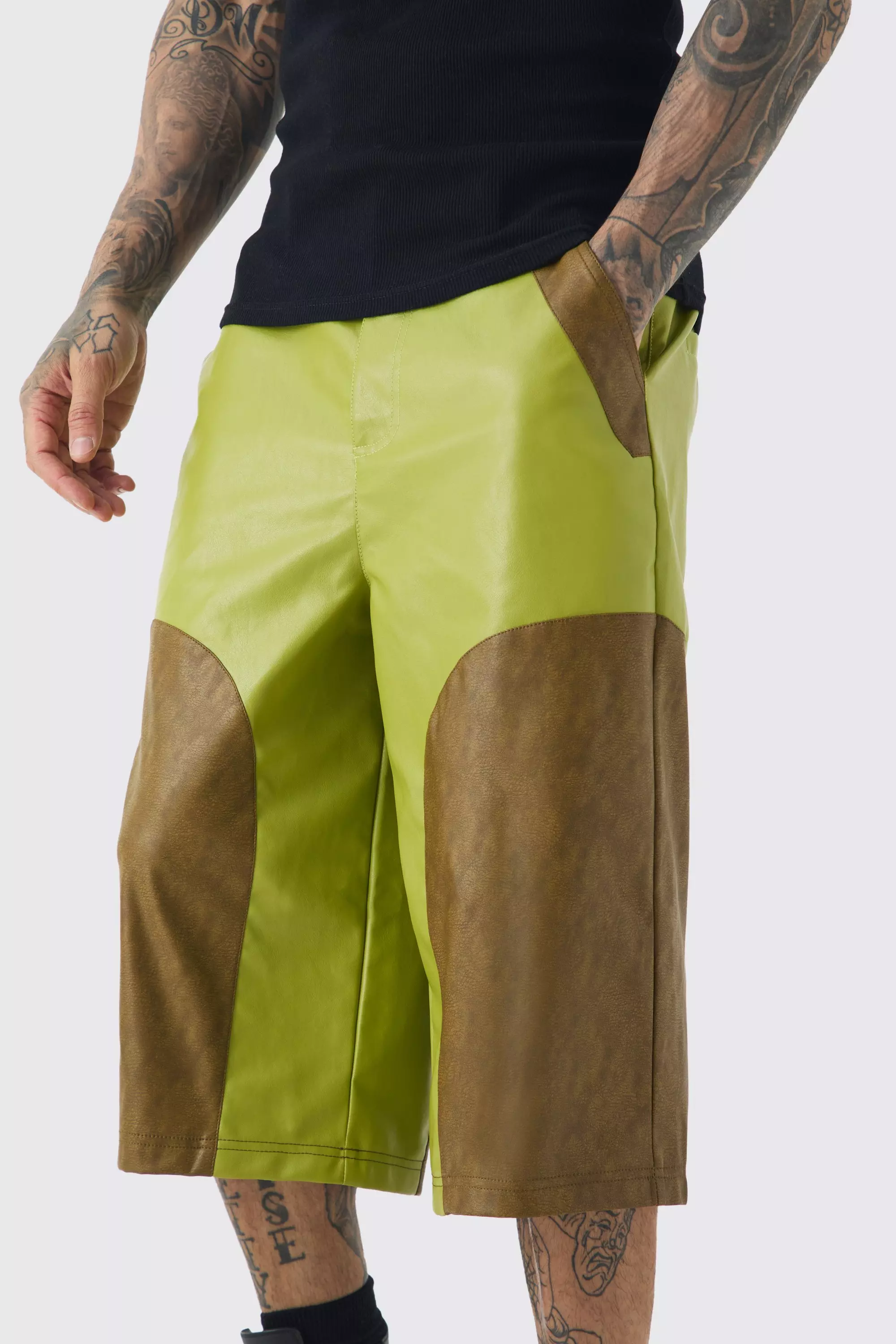 Tall PU Colorblock Jorts, Green alternatives Bild