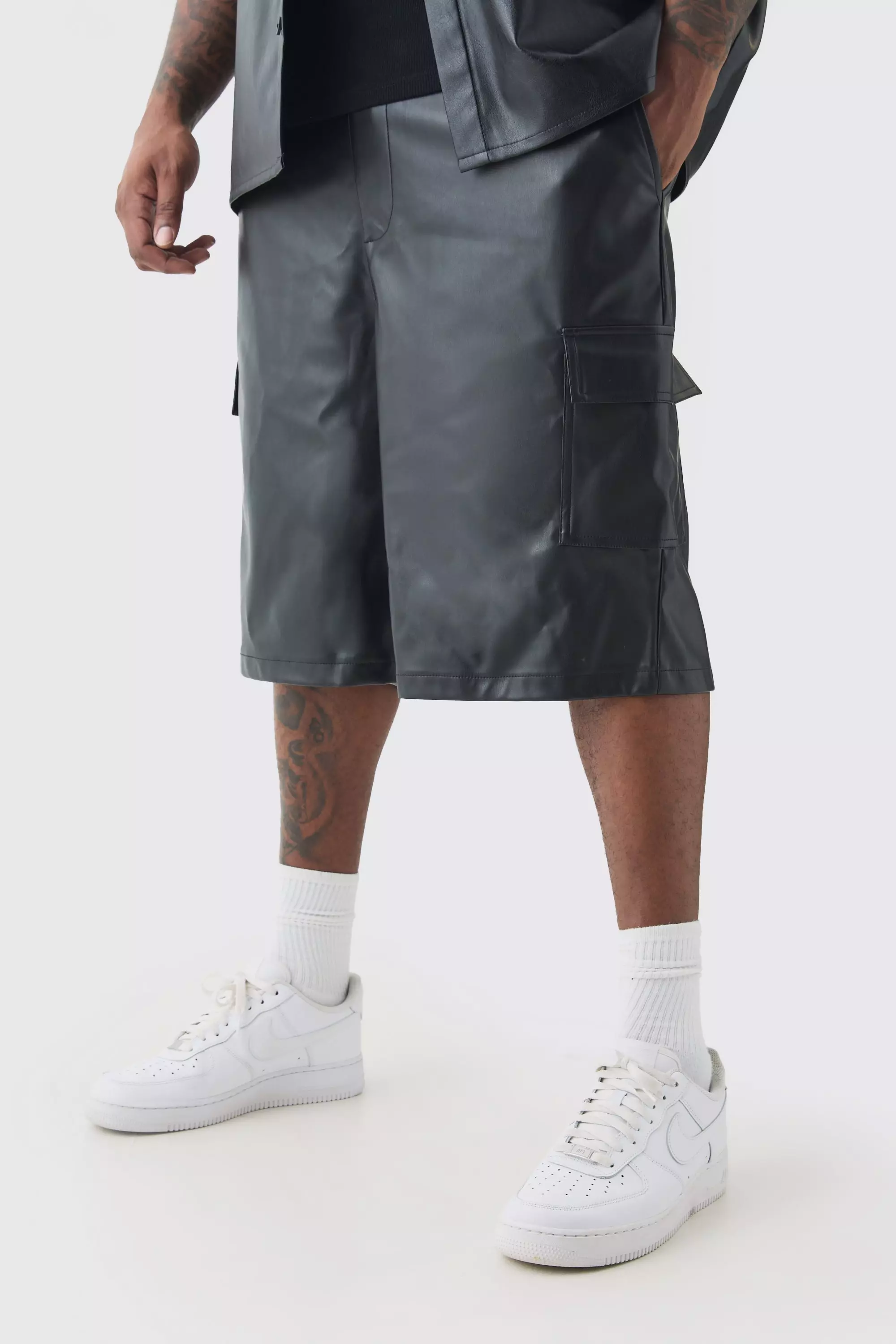 Plus Elasticated Waist PU Cargo Short Black