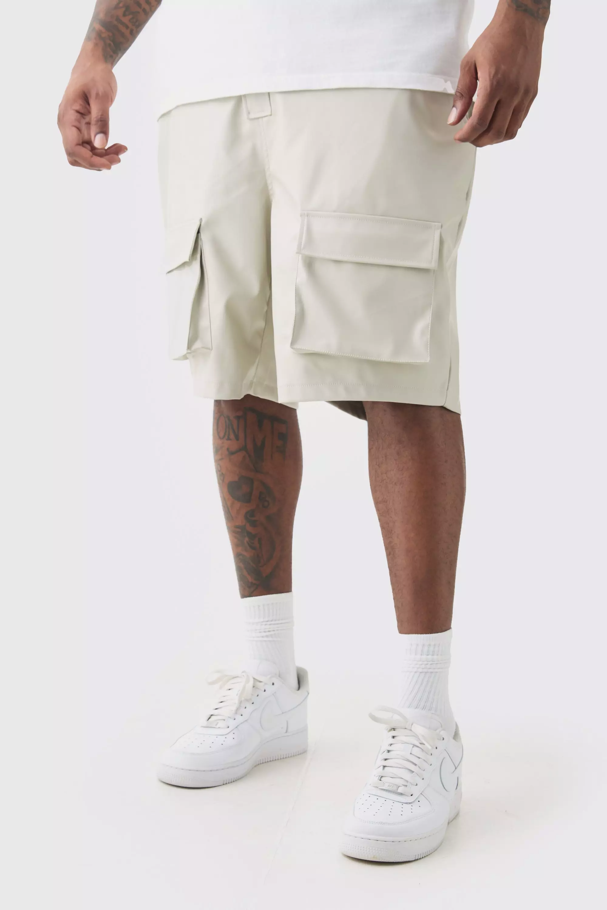 Plus Fixed Waist PU Cargo Short Stone