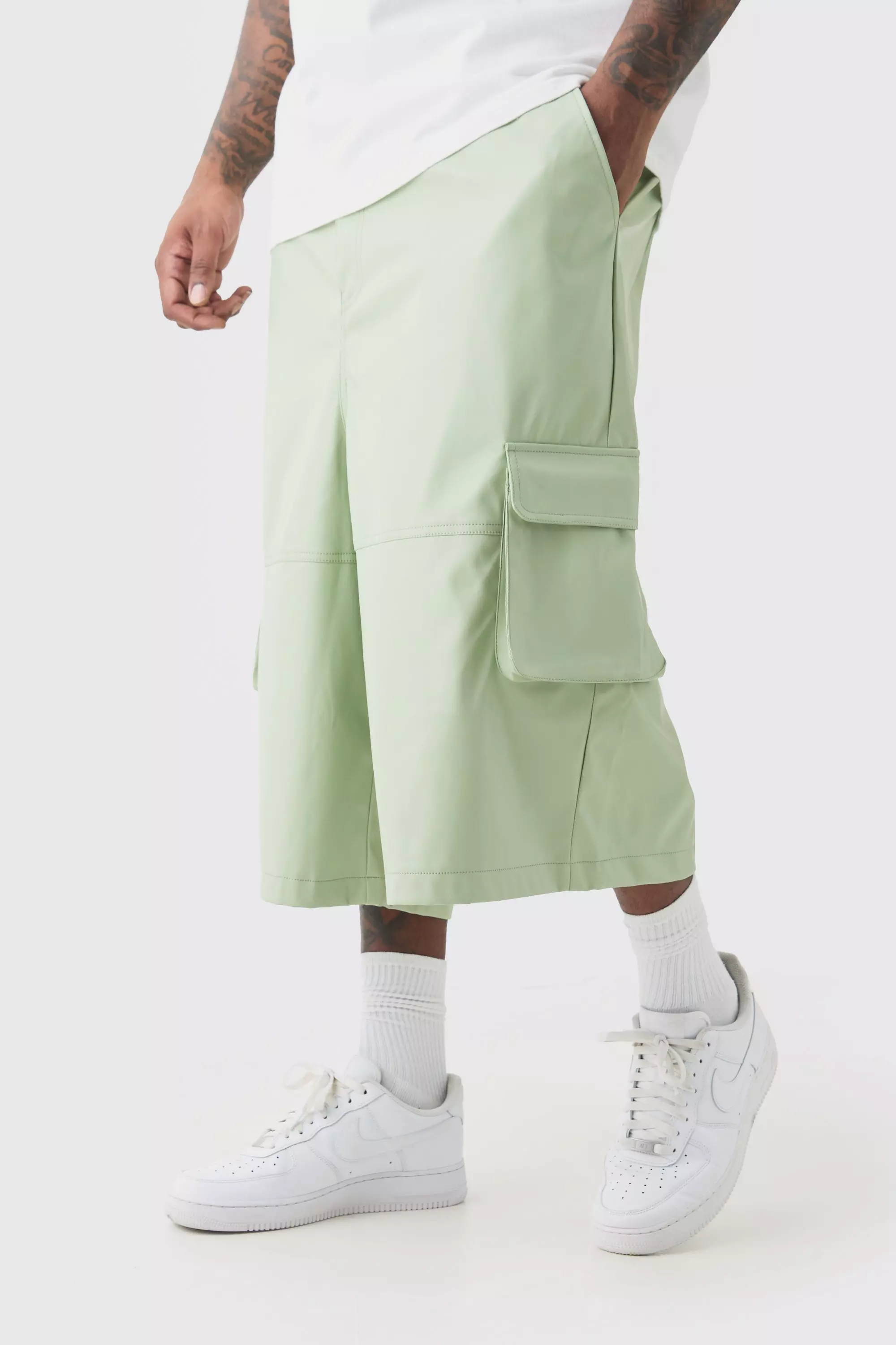 Plus Fixed Waist PU Panel Cargo Jort Sage