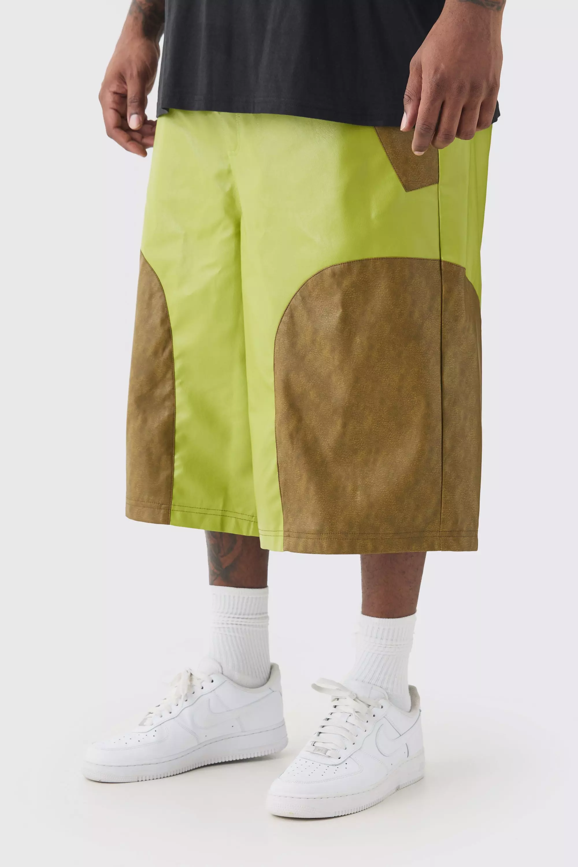 Green Plus Fixed Waist PU Colour Block Longline Shorts alternative image