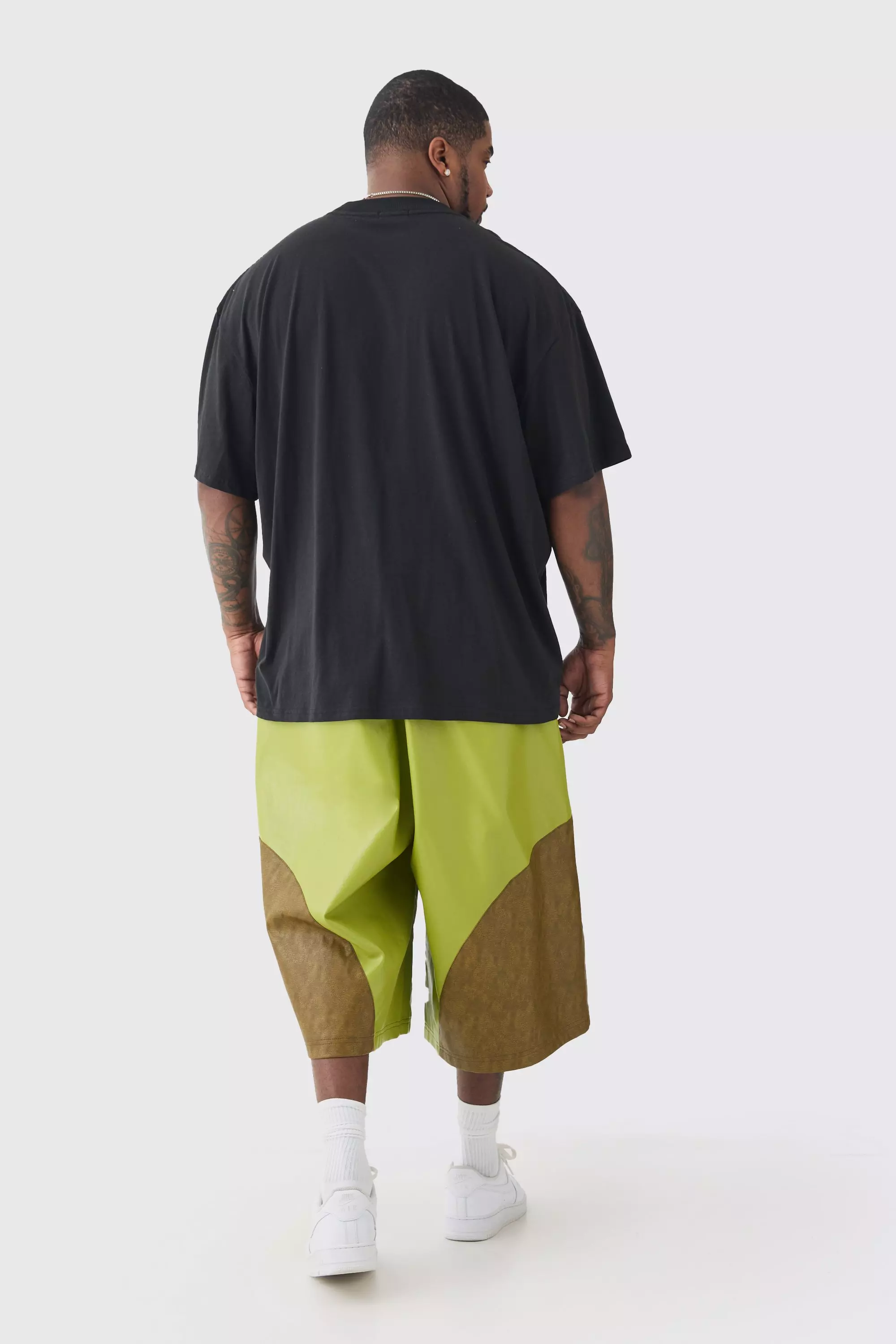 Green Plus Fixed Waist PU Colour Block Longline Shorts alternative image
