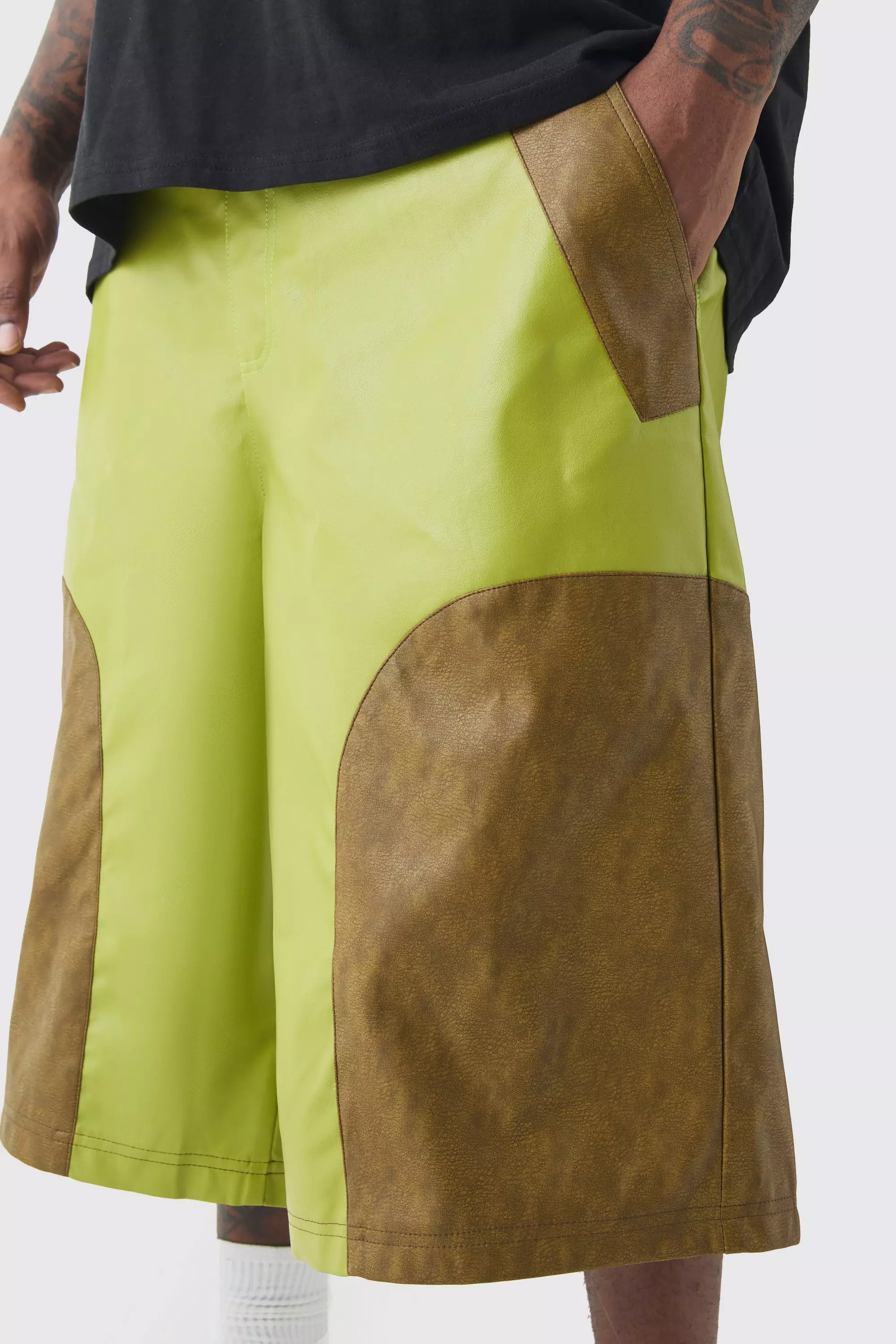 Green Plus Fixed Waist PU Colour Block Longline Shorts alternative image