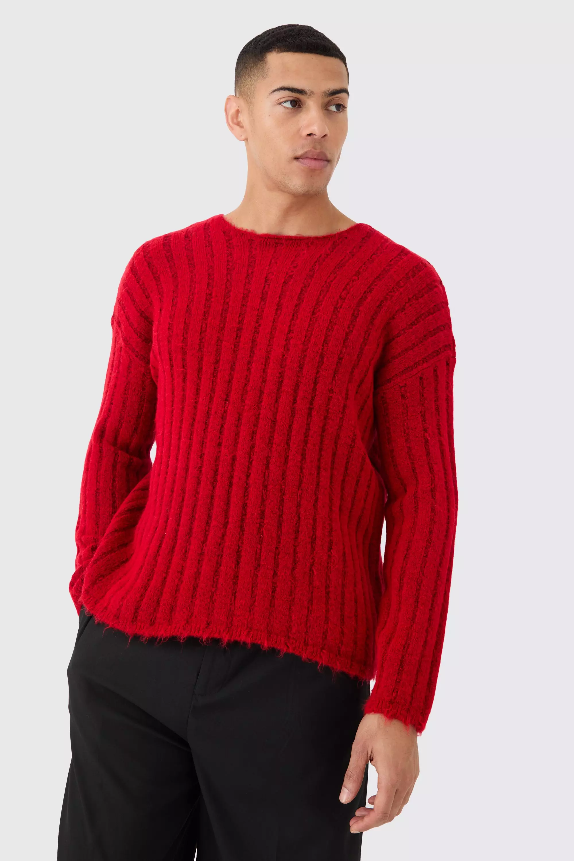 Oversized Boxy Open Stitch Ladder Detail Jumper In Red Red