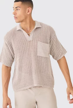 Oversized Boxy Open Stitch Polo With Pocket In Stone Stone