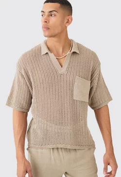 Oversized Boxy Open Stitch Polo With Pocket In Taupe Taupe