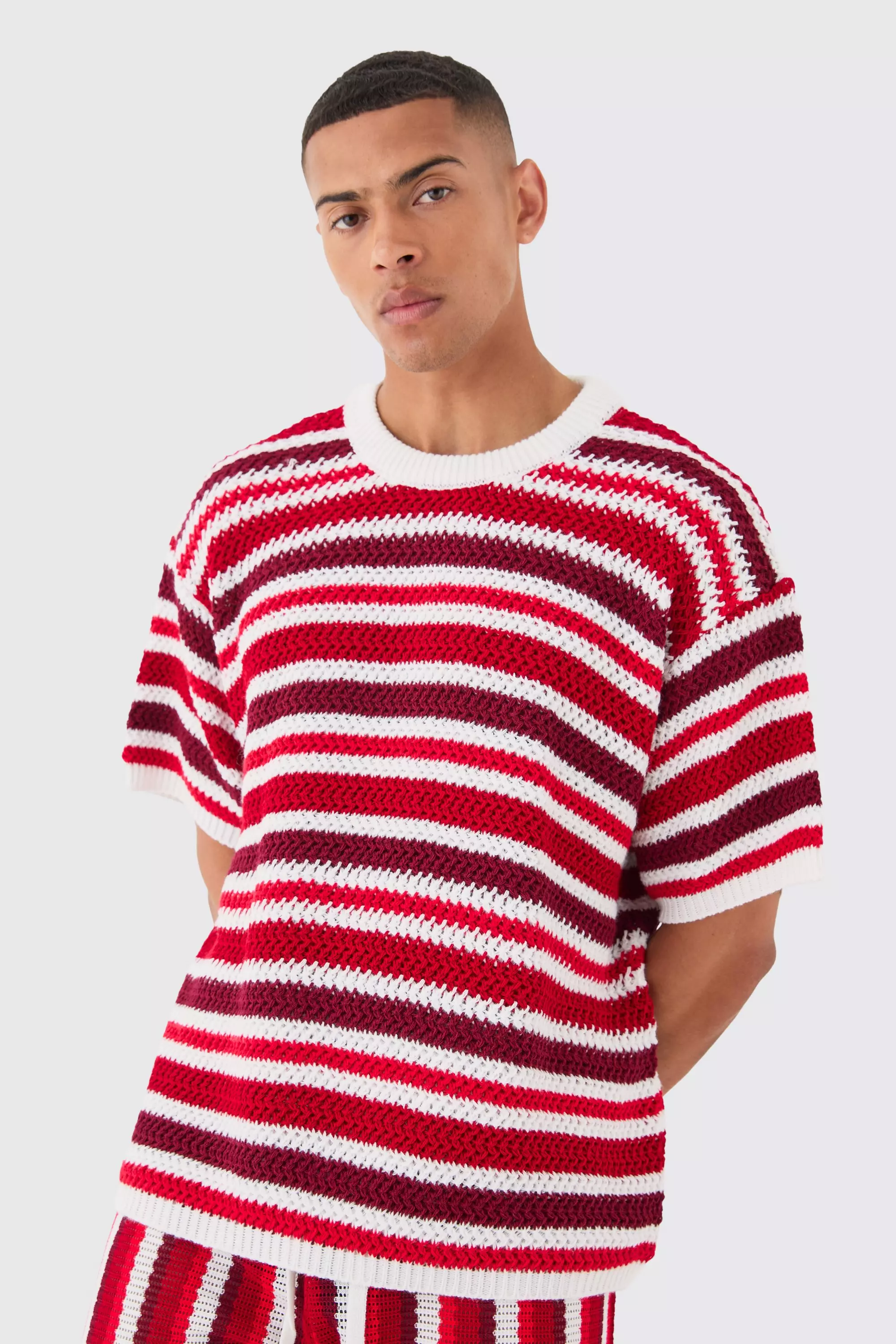 Oversized Stripe Knitted T-shirt In White White