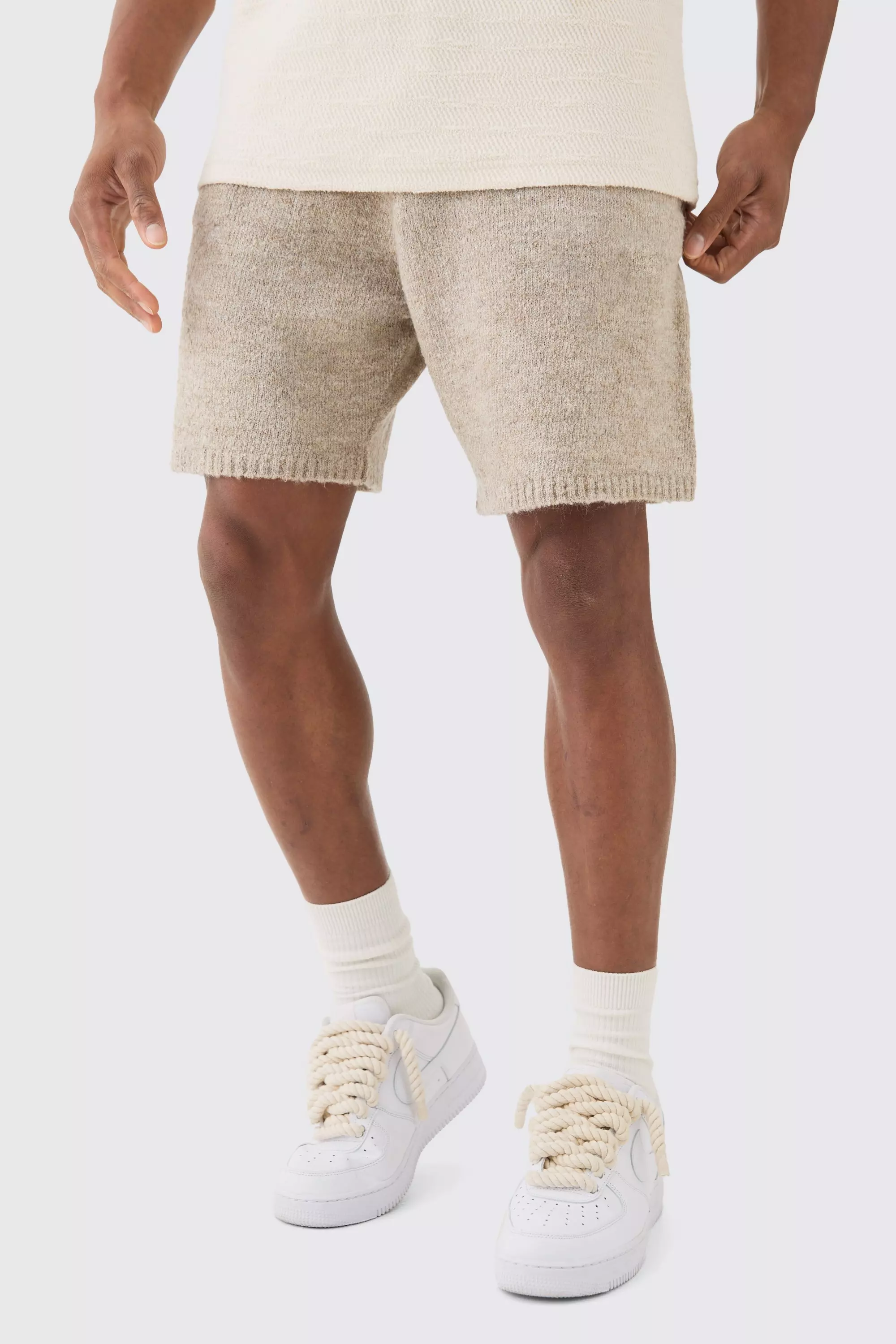 Beige Relaxed Boucle Knit Short In Stone