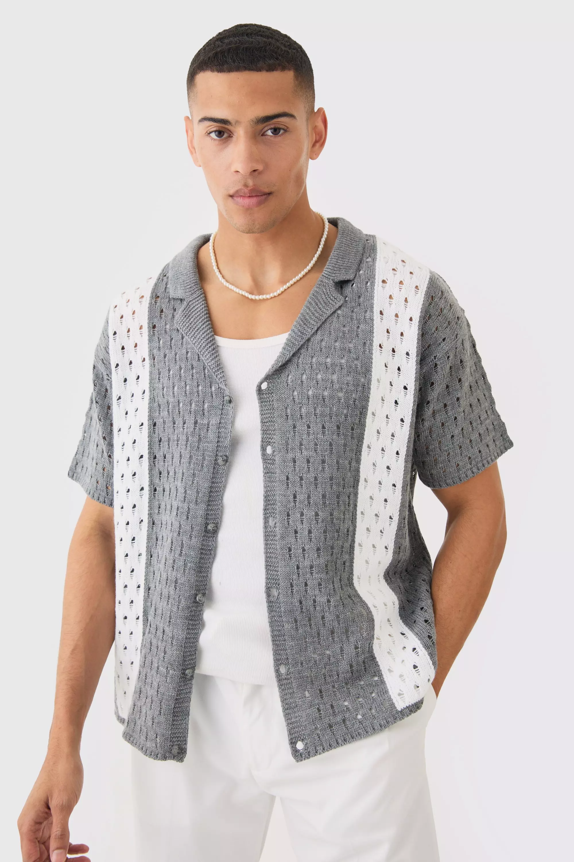 Grey Oversized Boxy Open Stitch Stripe Knit Shirt In Charcoal