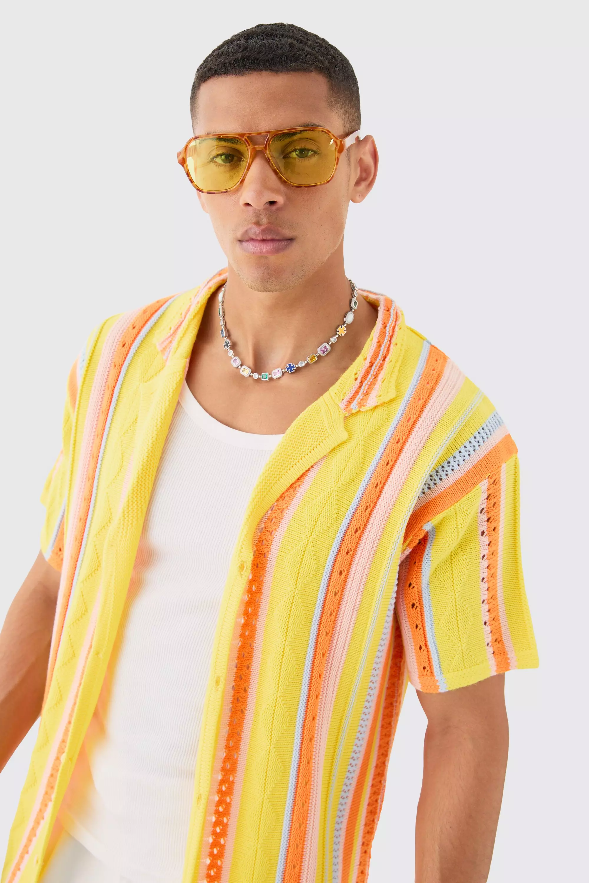 Yellow Oversized Boxy Open Stitch 3D Knit Shirt In Yellow