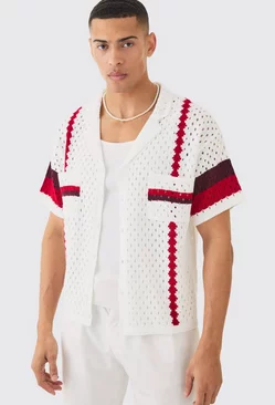 White Oversized Boxy Open Stitch Revere Stripe Shirt In White