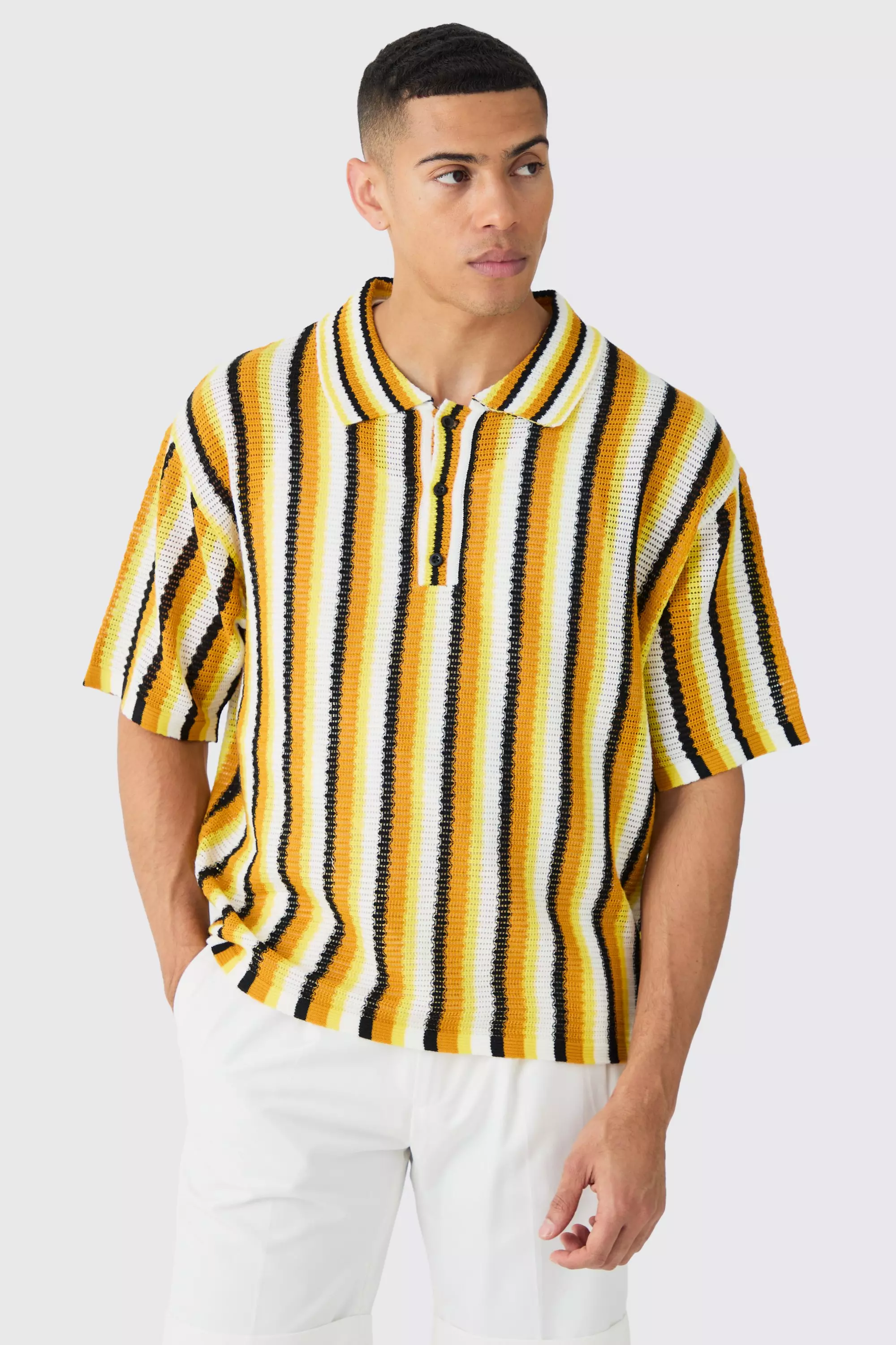 Yellow Oversized Boxy Open Stitch Stripe Knit Polo In Yellow