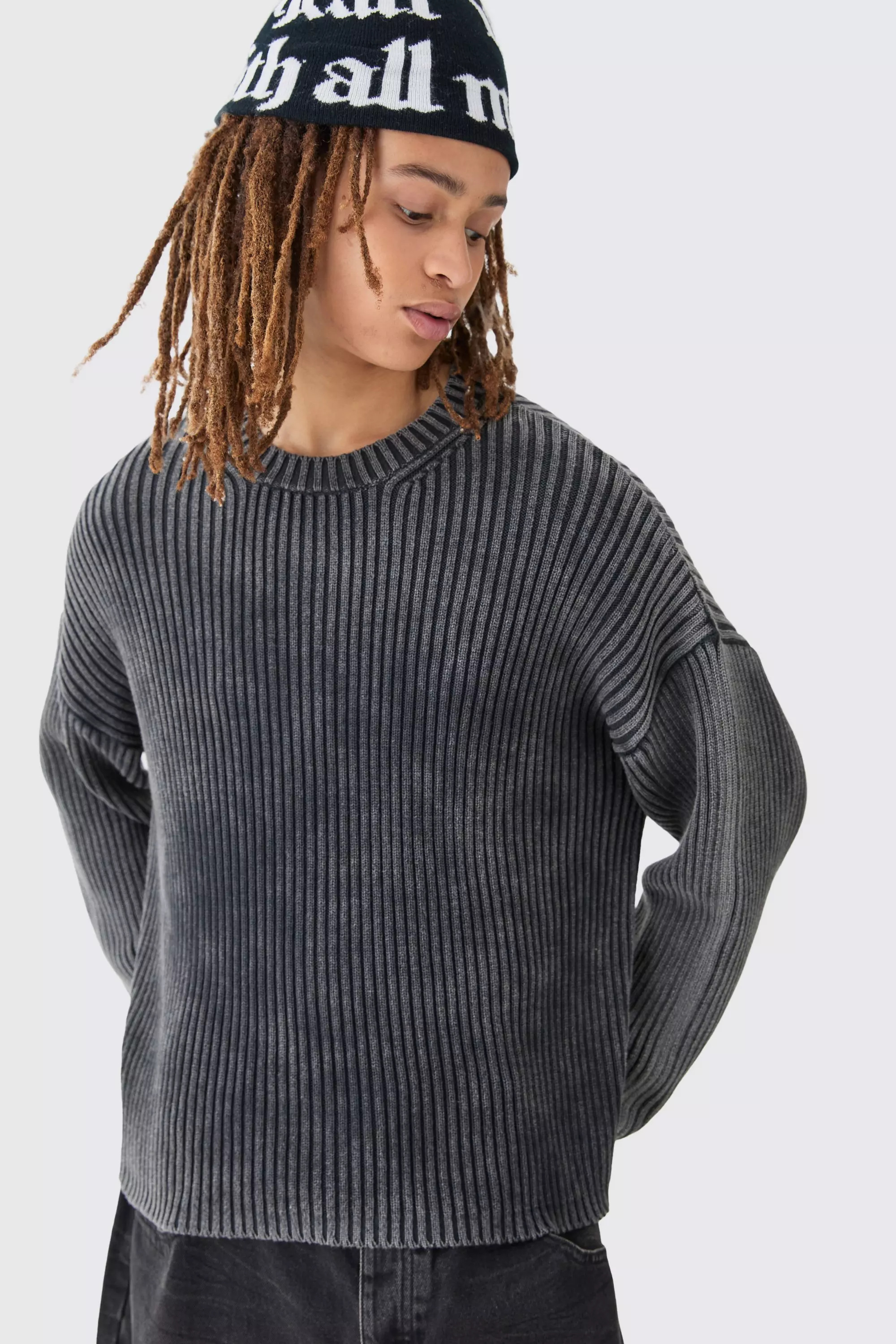 Oversized Boxy Acid Wash Jumper In Charcoal Charcoal